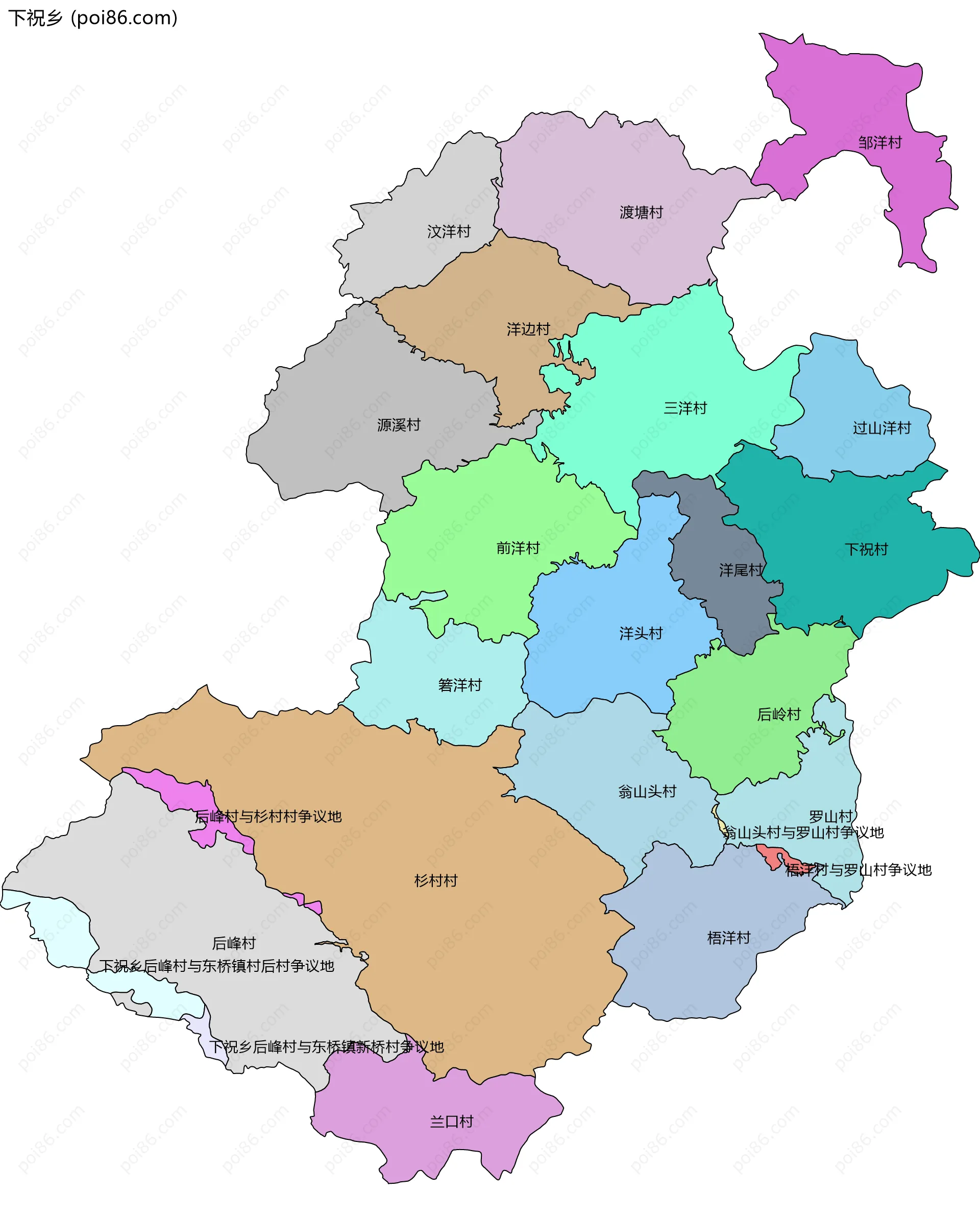 下祝乡边界地图(五级行政区划)