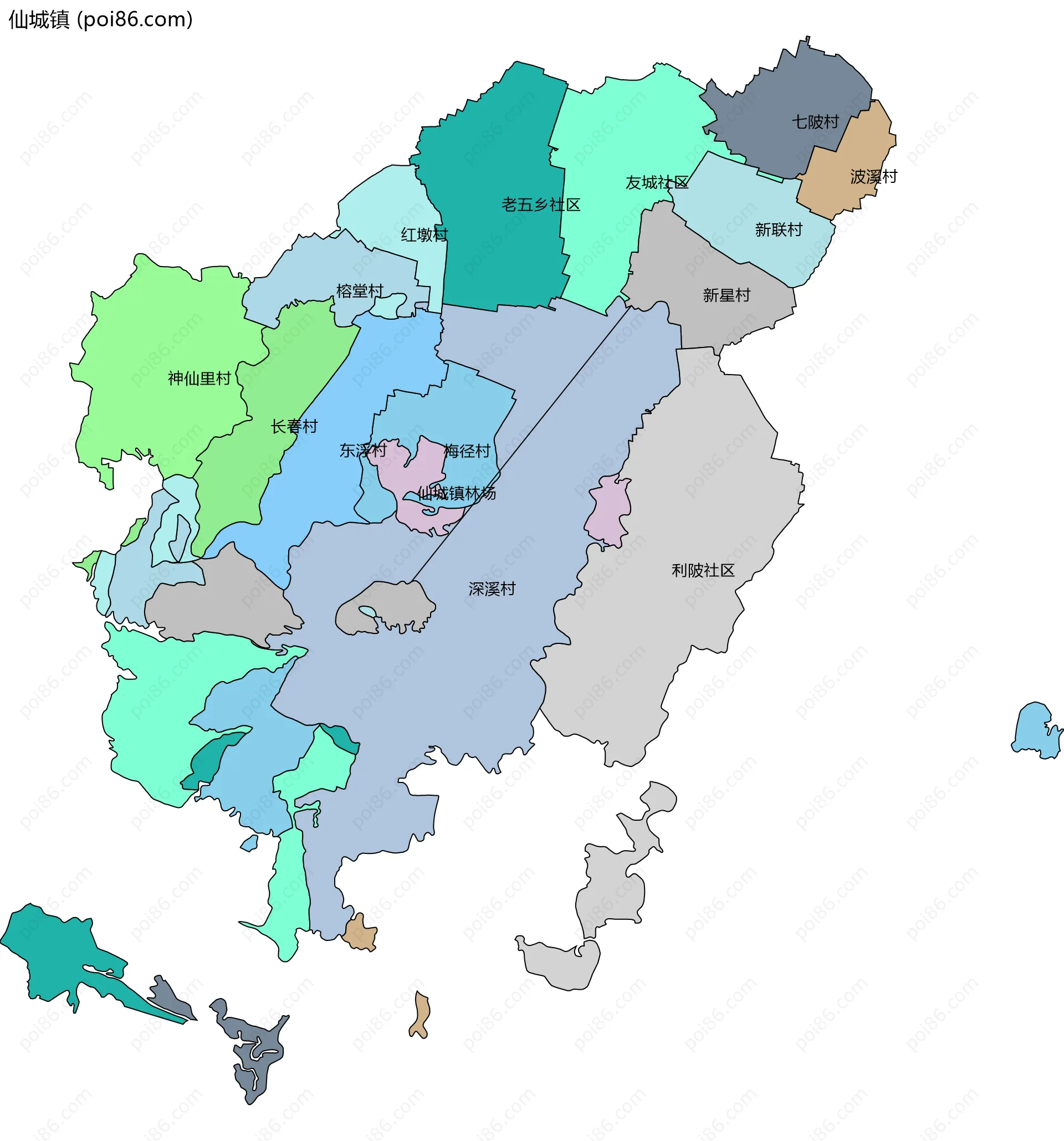 仙城镇边界地图(五级行政区划)
