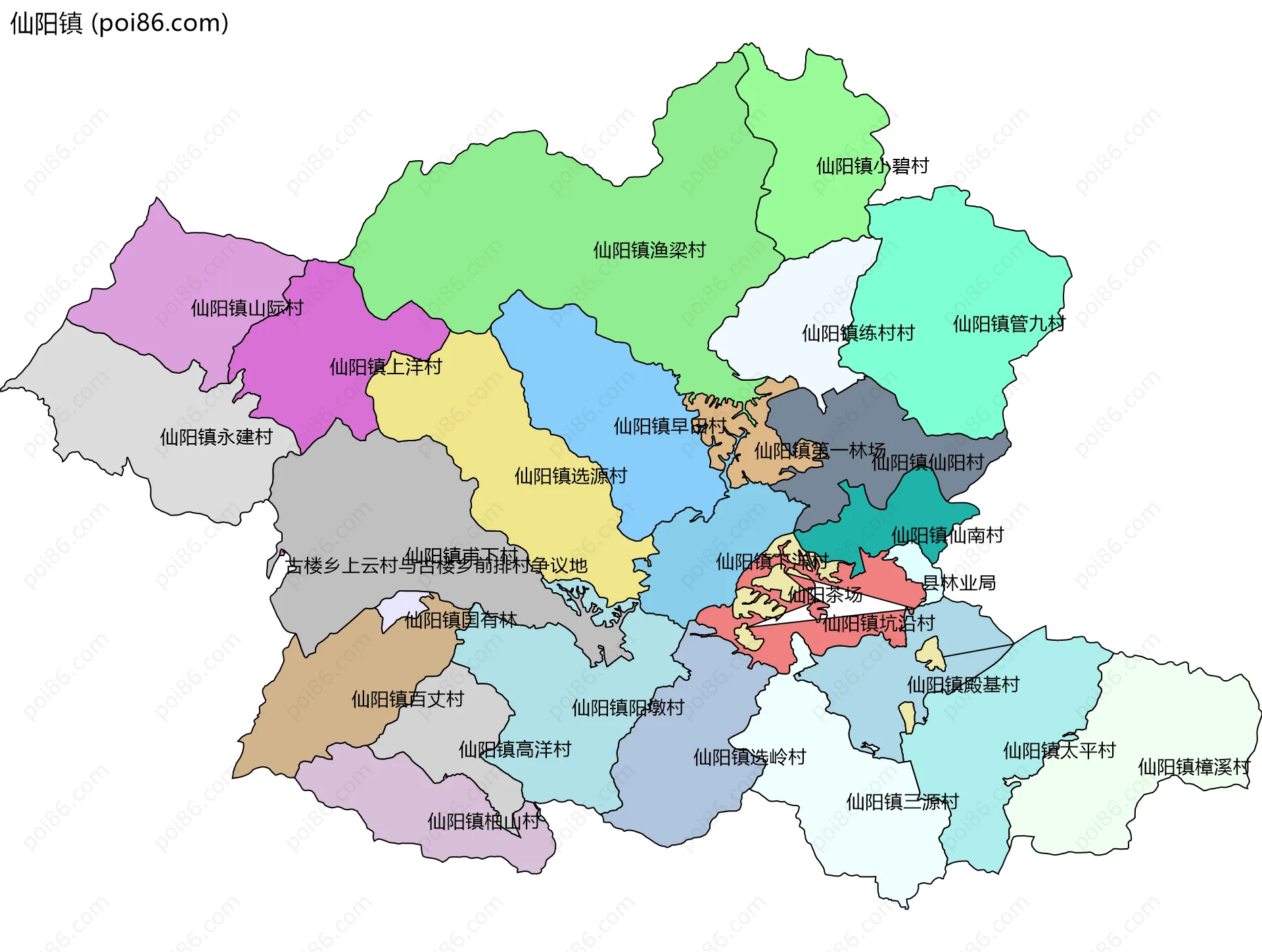 仙阳镇边界地图(五级行政区划)