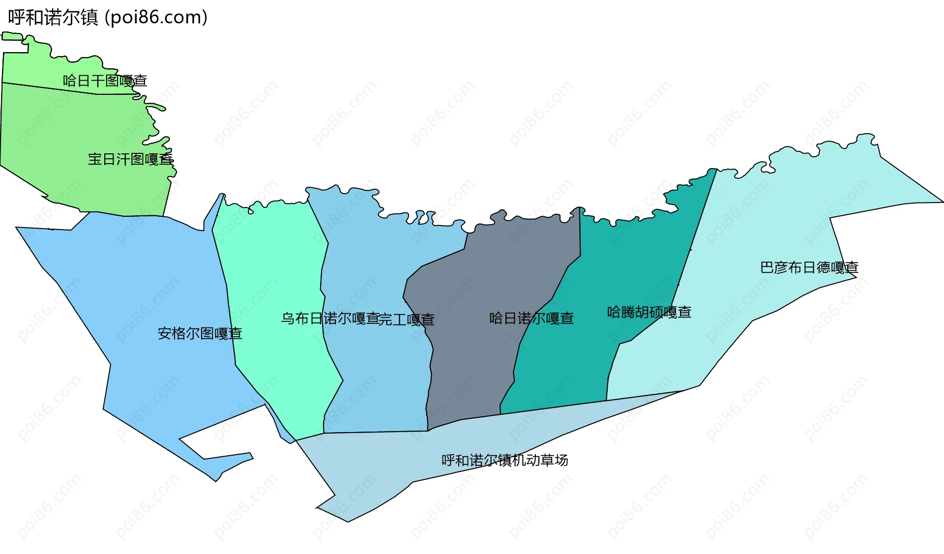 呼和诺尔镇边界地图(五级行政区划)