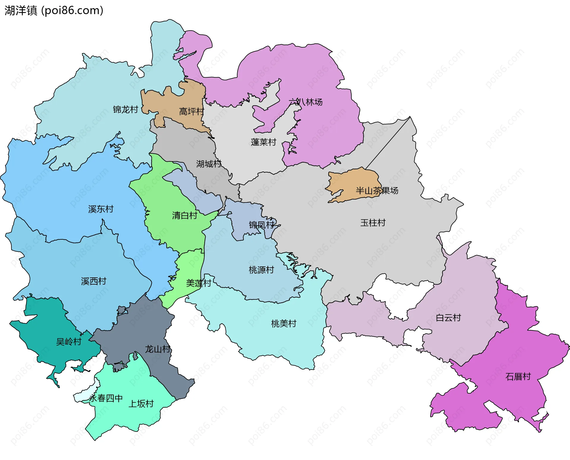 湖洋镇边界地图(五级行政区划)