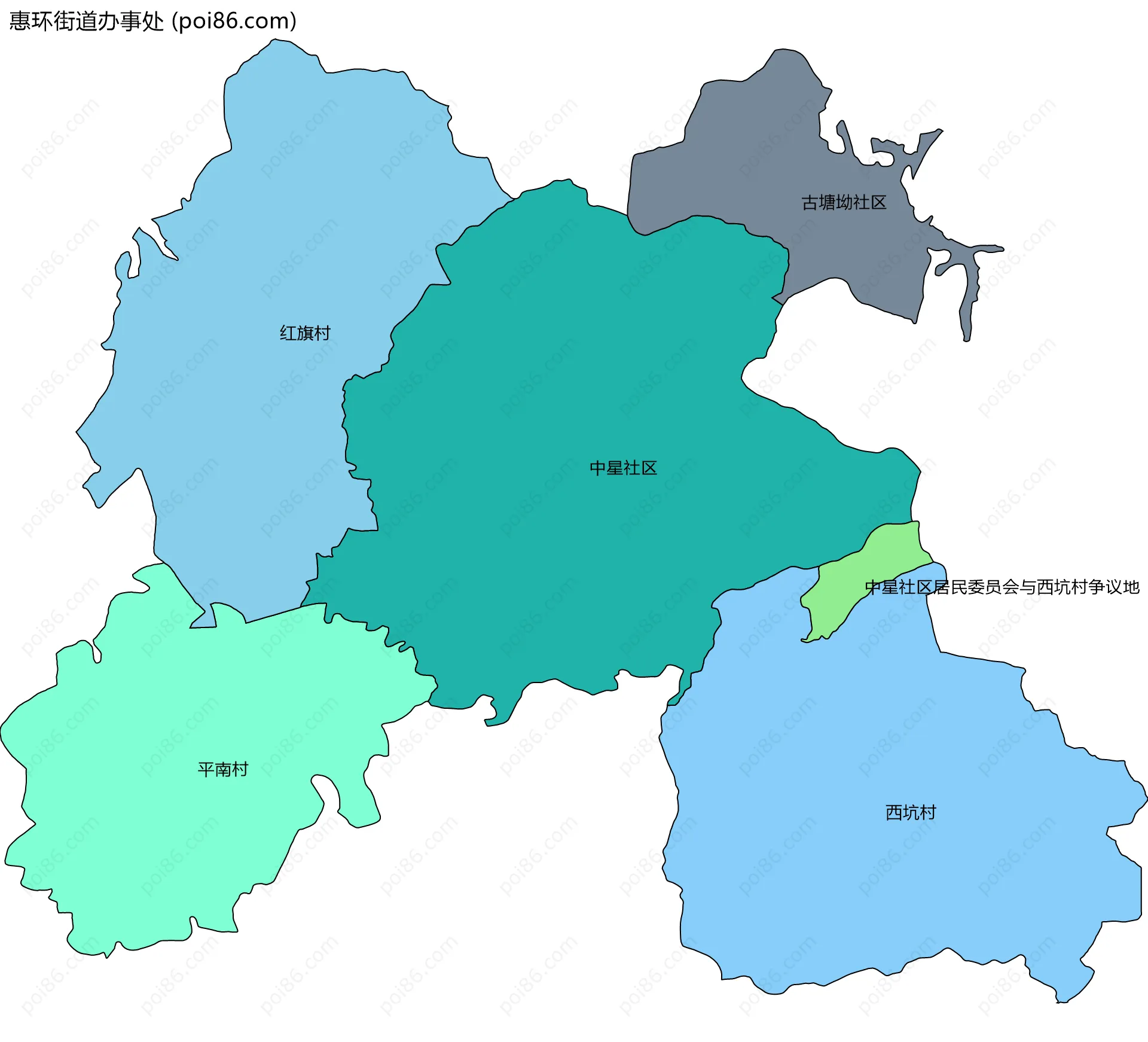 惠环街道办事处边界地图(五级行政区划)