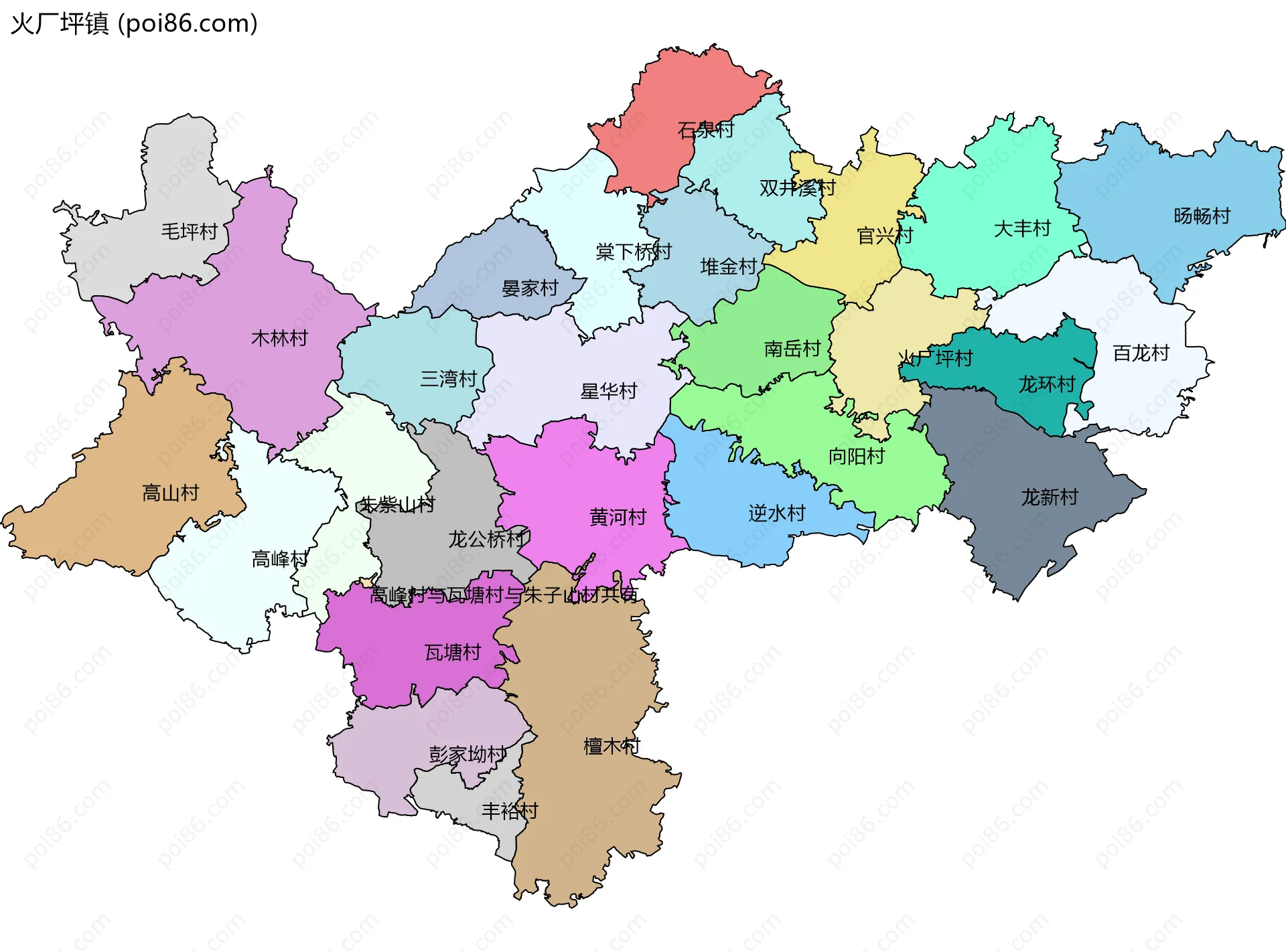 火厂坪镇边界地图(五级行政区划)