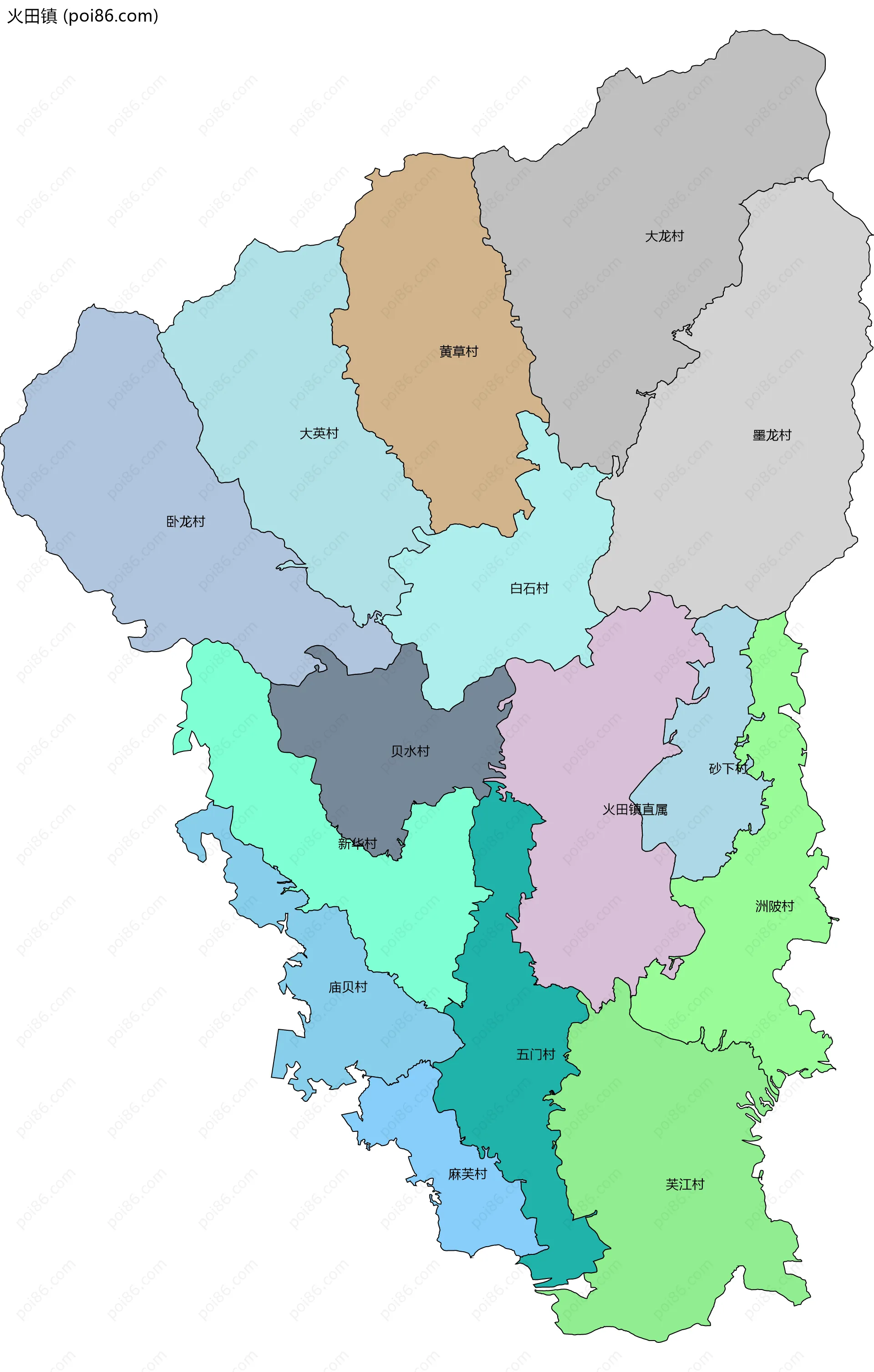 火田镇边界地图(五级行政区划)