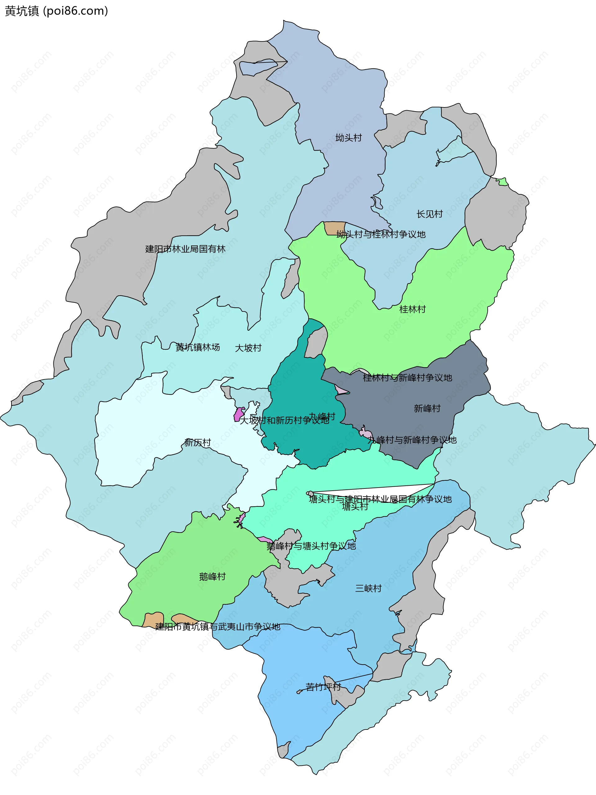 黄坑镇边界地图(五级行政区划)