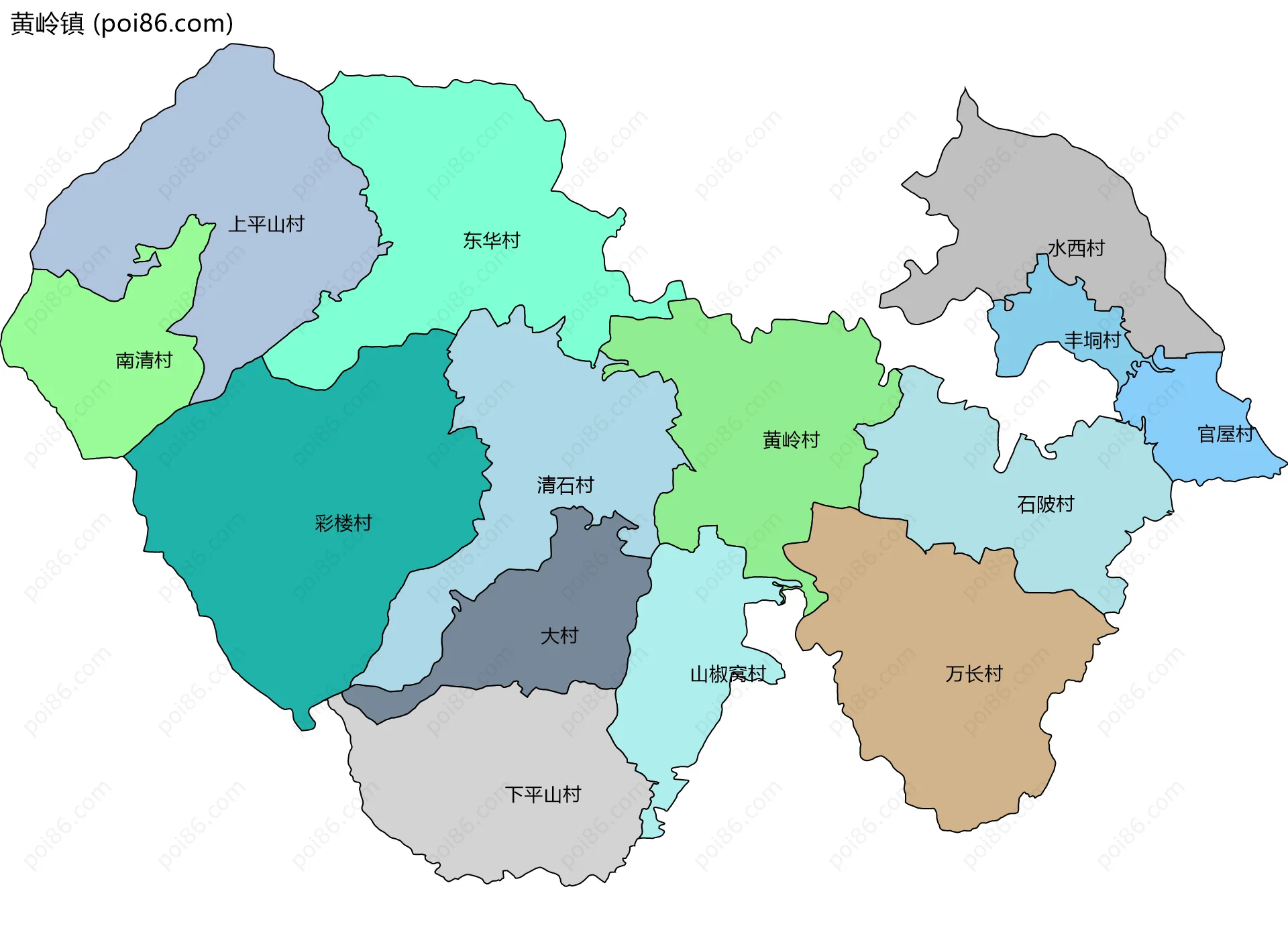 黄岭镇边界地图(五级行政区划)