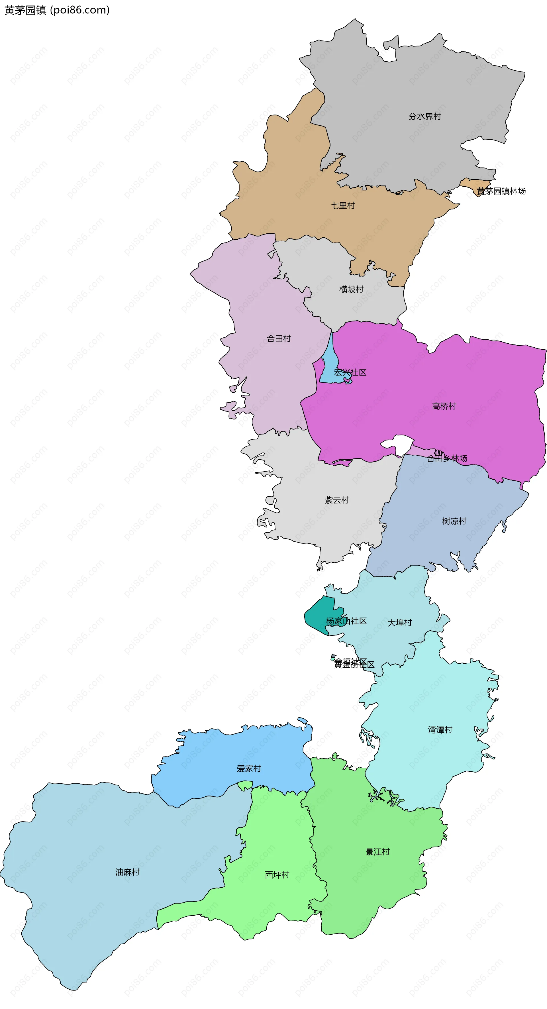 黄茅园镇边界地图(五级行政区划)