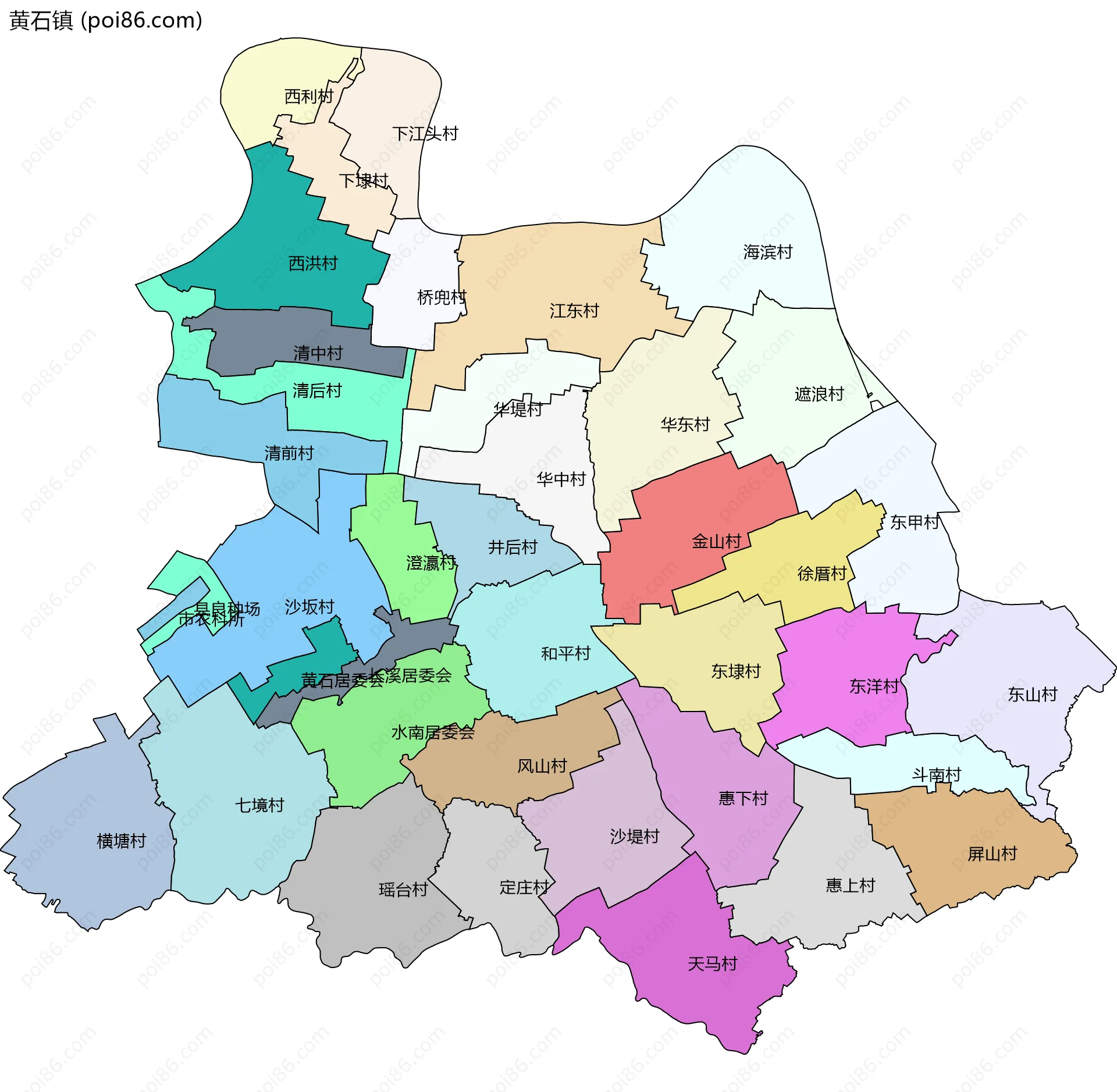 黄石镇边界地图(五级行政区划)
