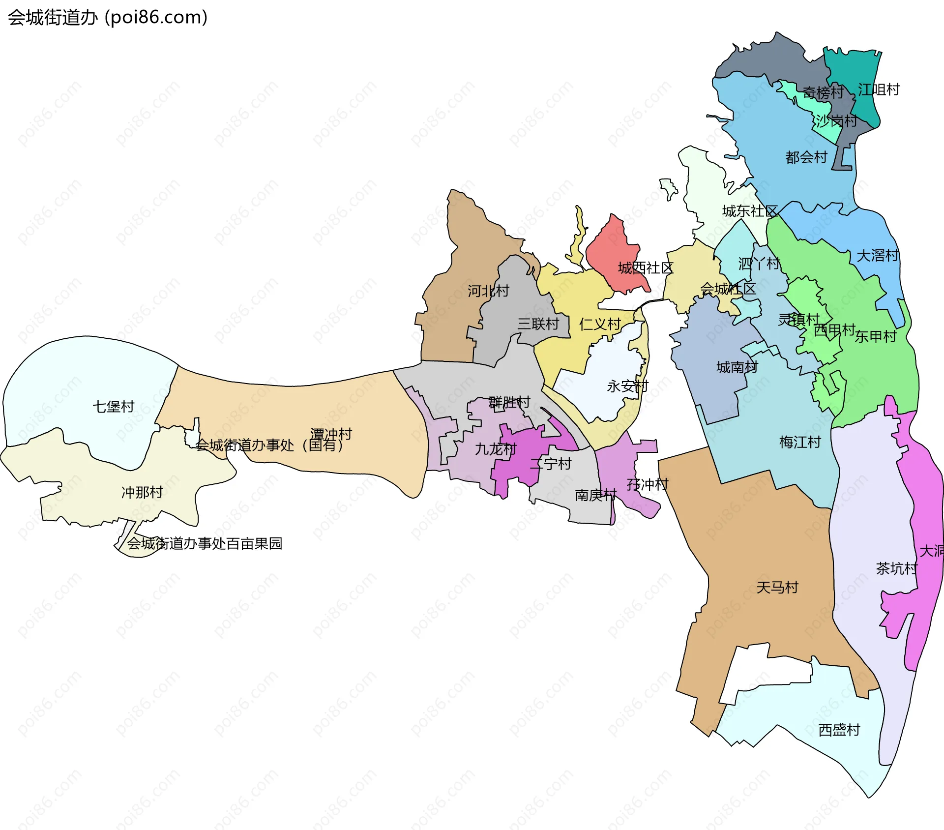 会城街道办边界地图(五级行政区划)