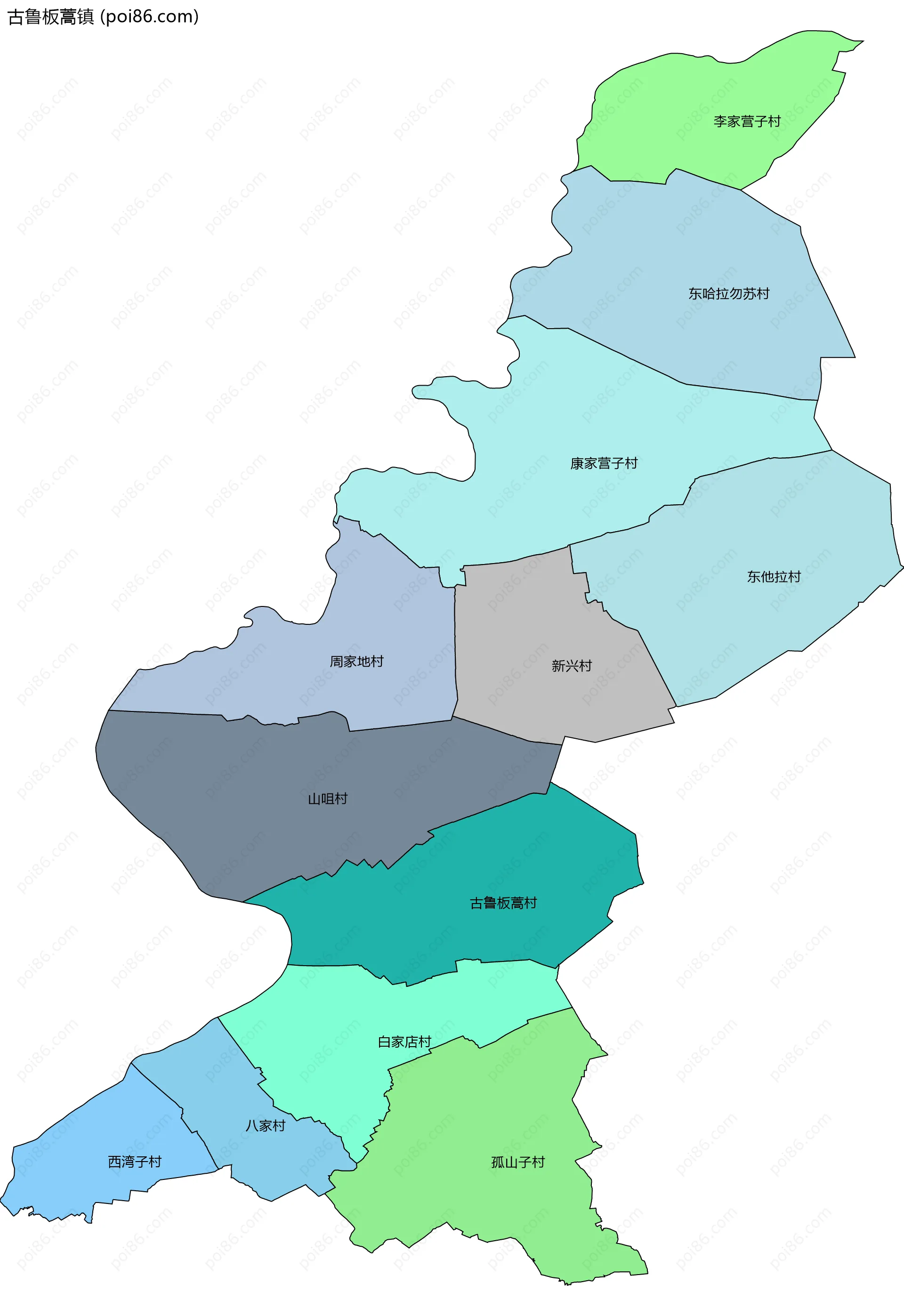 古鲁板蒿镇边界地图(五级行政区划)