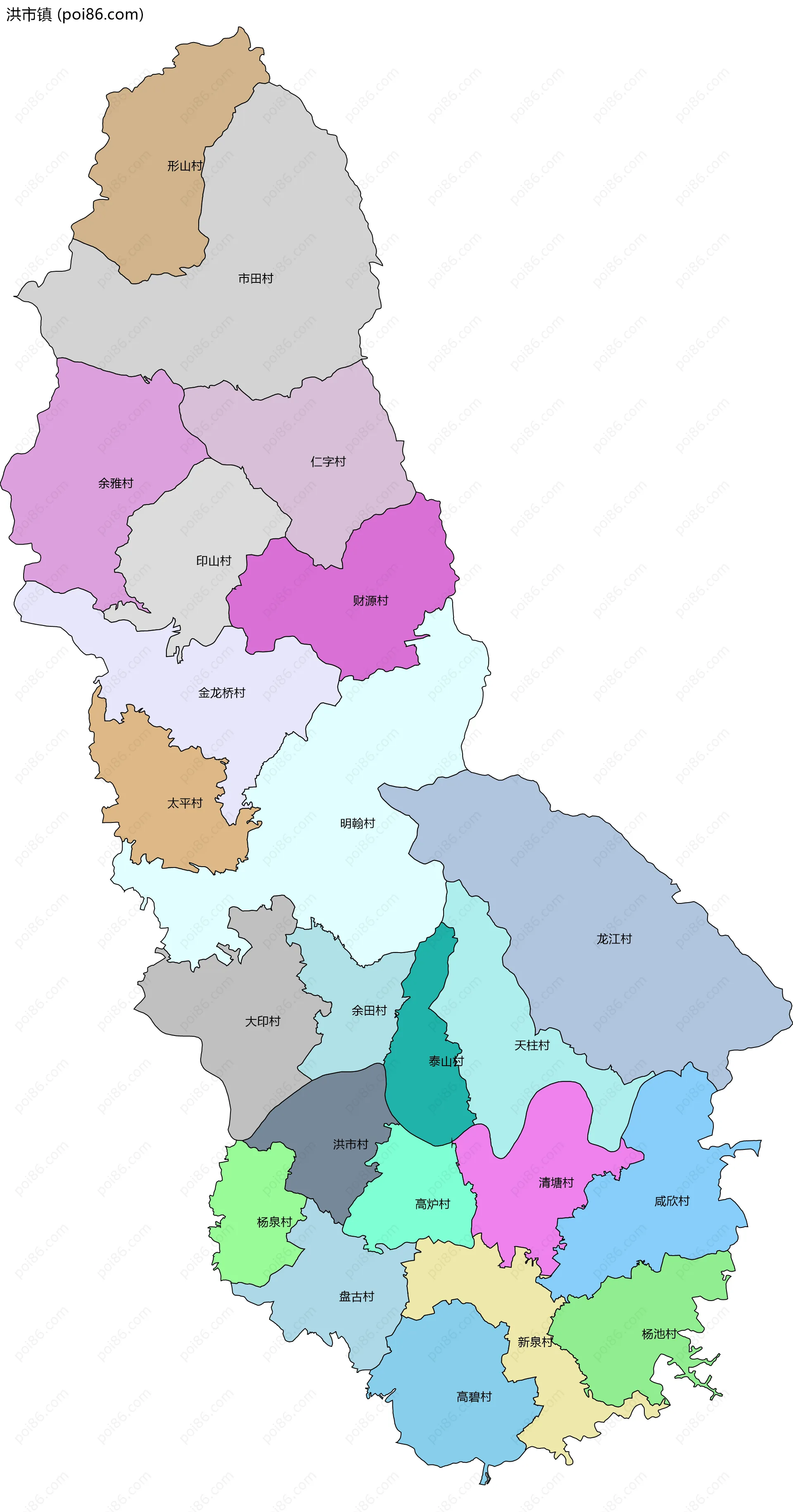 洪市镇边界地图(五级行政区划)