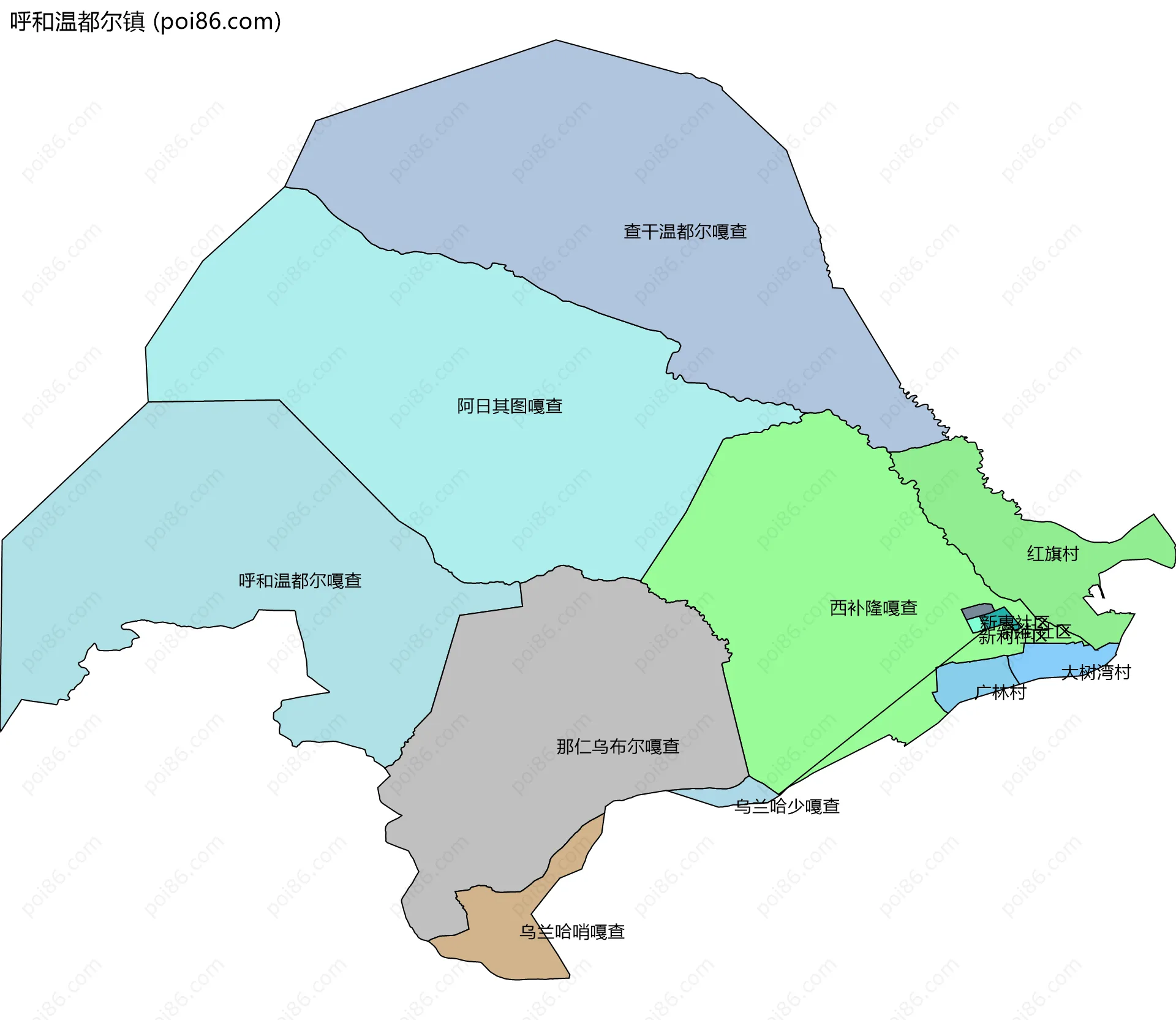 呼和温都尔镇边界地图(五级行政区划)