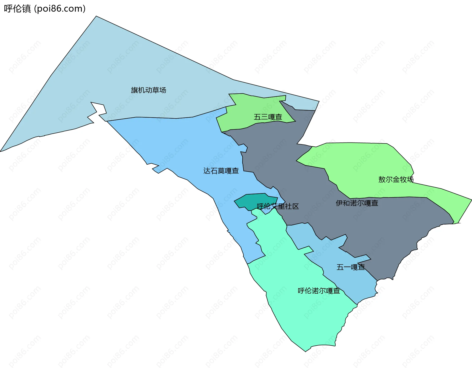呼伦镇边界地图(五级行政区划)