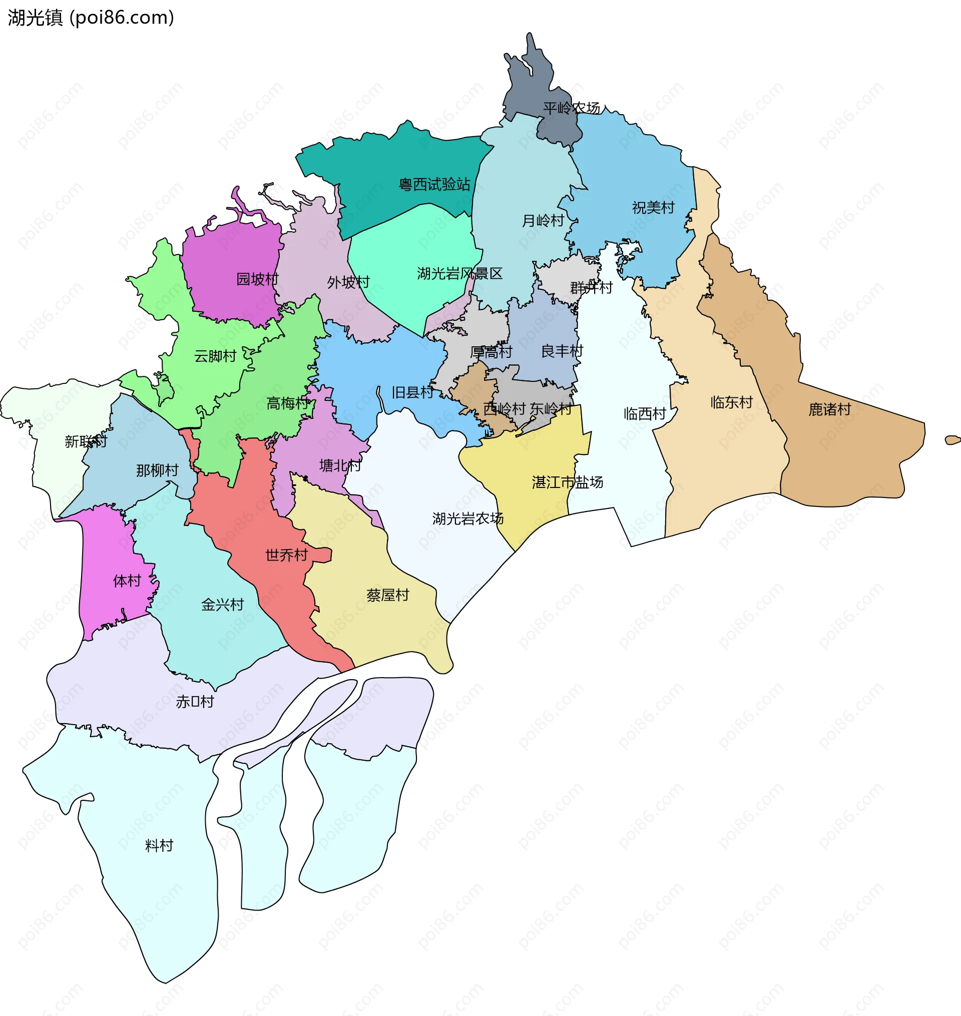 湖光镇边界地图(五级行政区划)