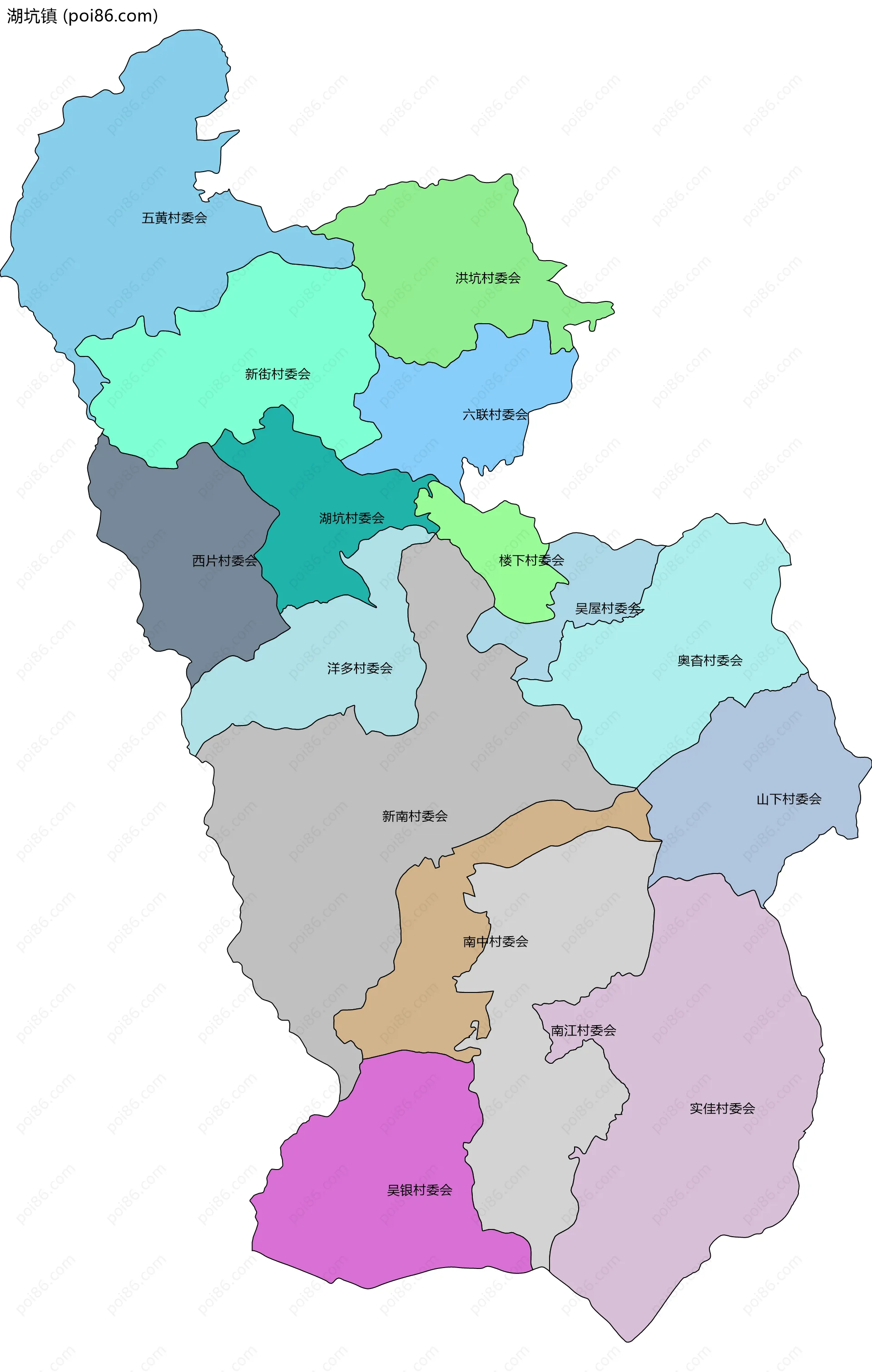 湖坑镇边界地图(五级行政区划)