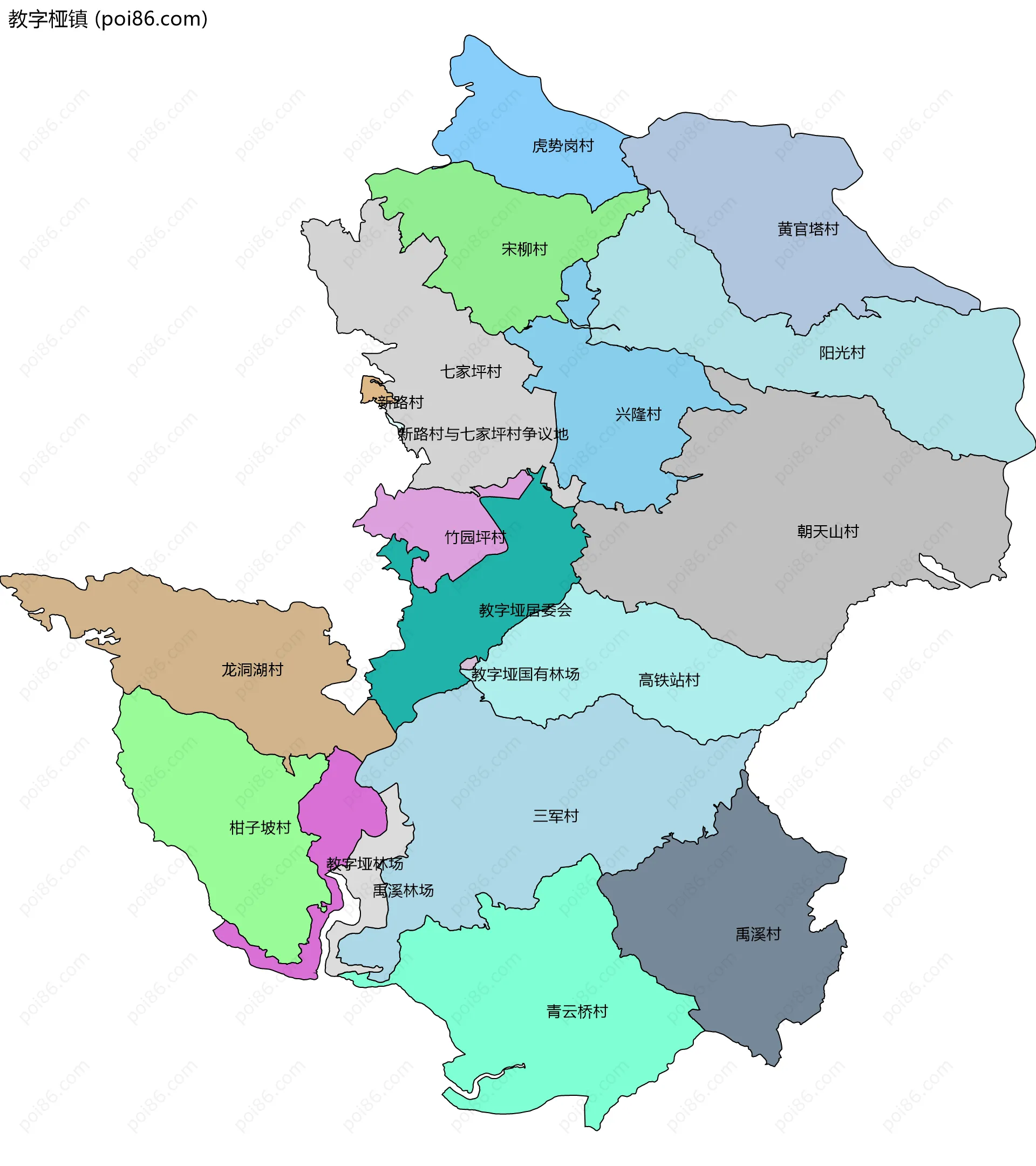 教字桠镇边界地图(五级行政区划)