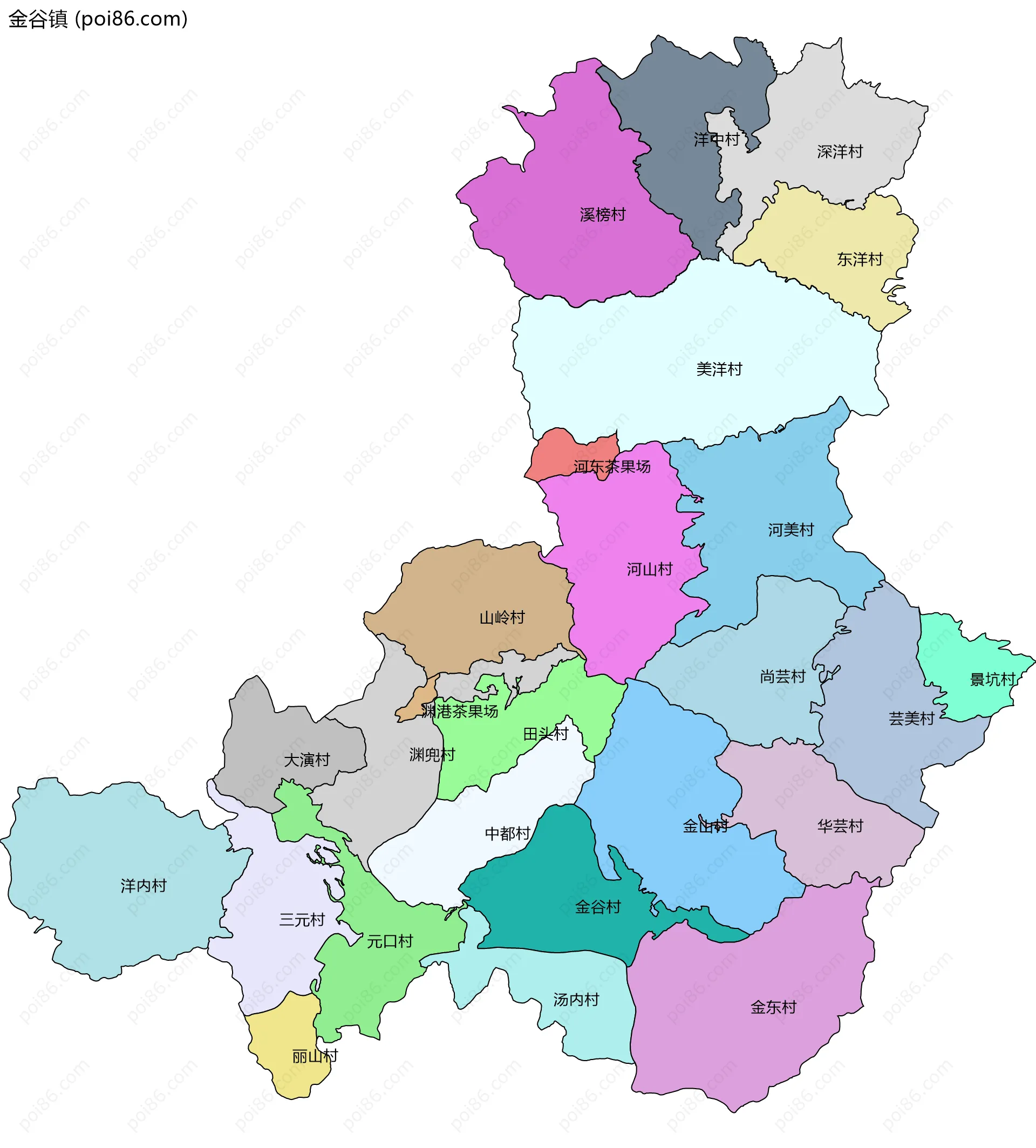 金谷镇边界地图(五级行政区划)