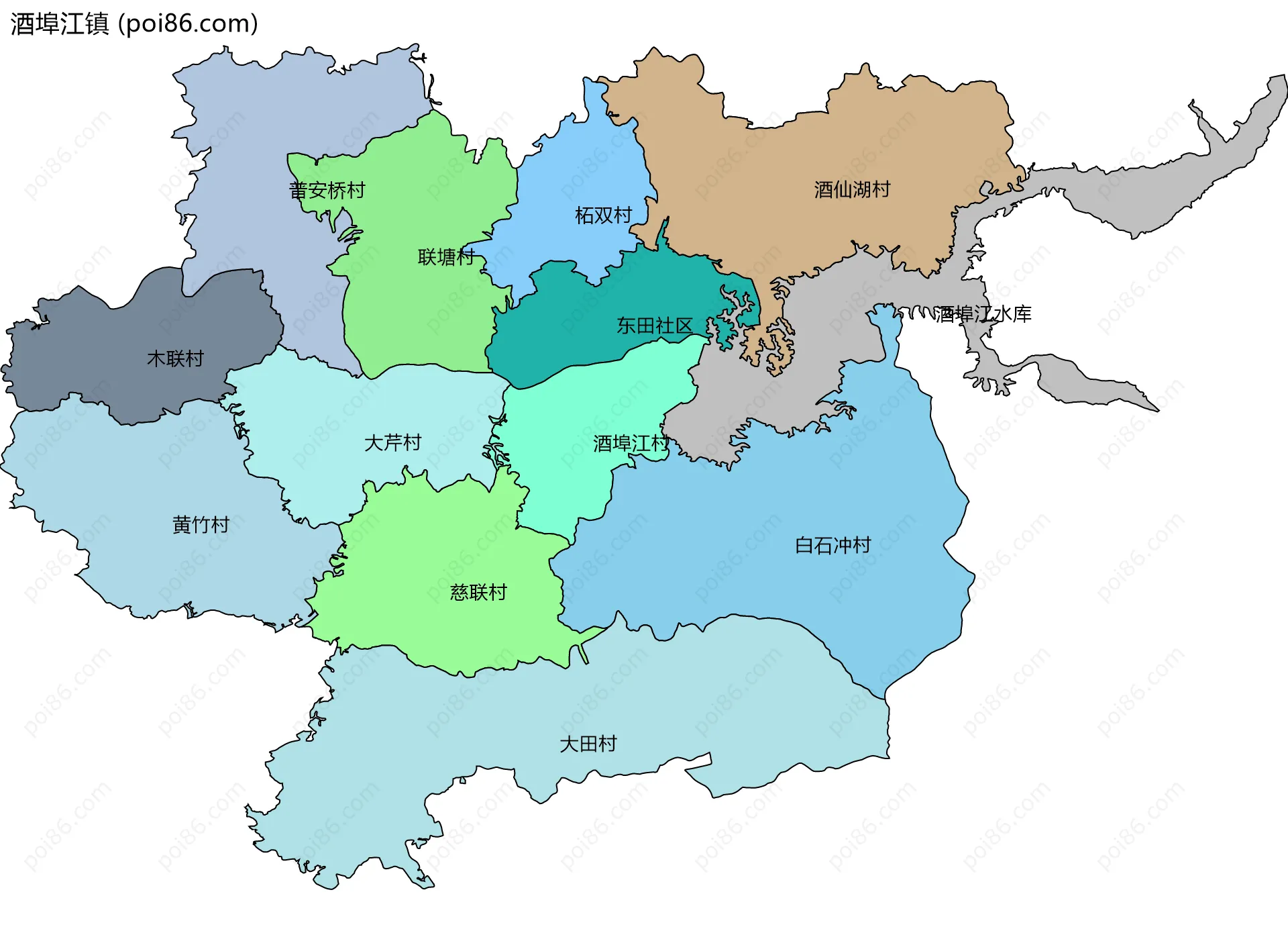 酒埠江镇边界地图(五级行政区划)