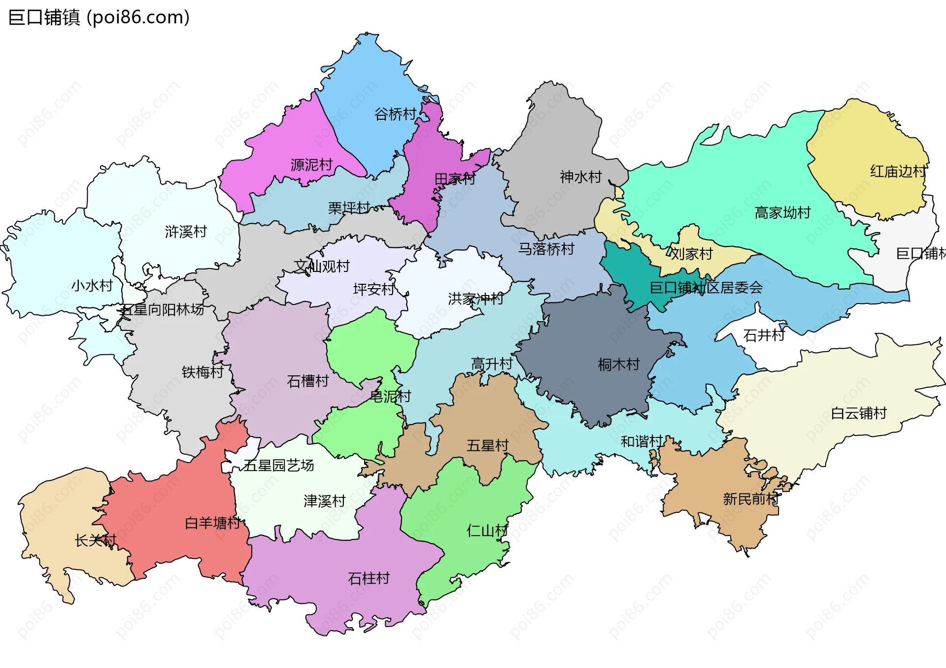 巨口铺镇边界地图(五级行政区划)