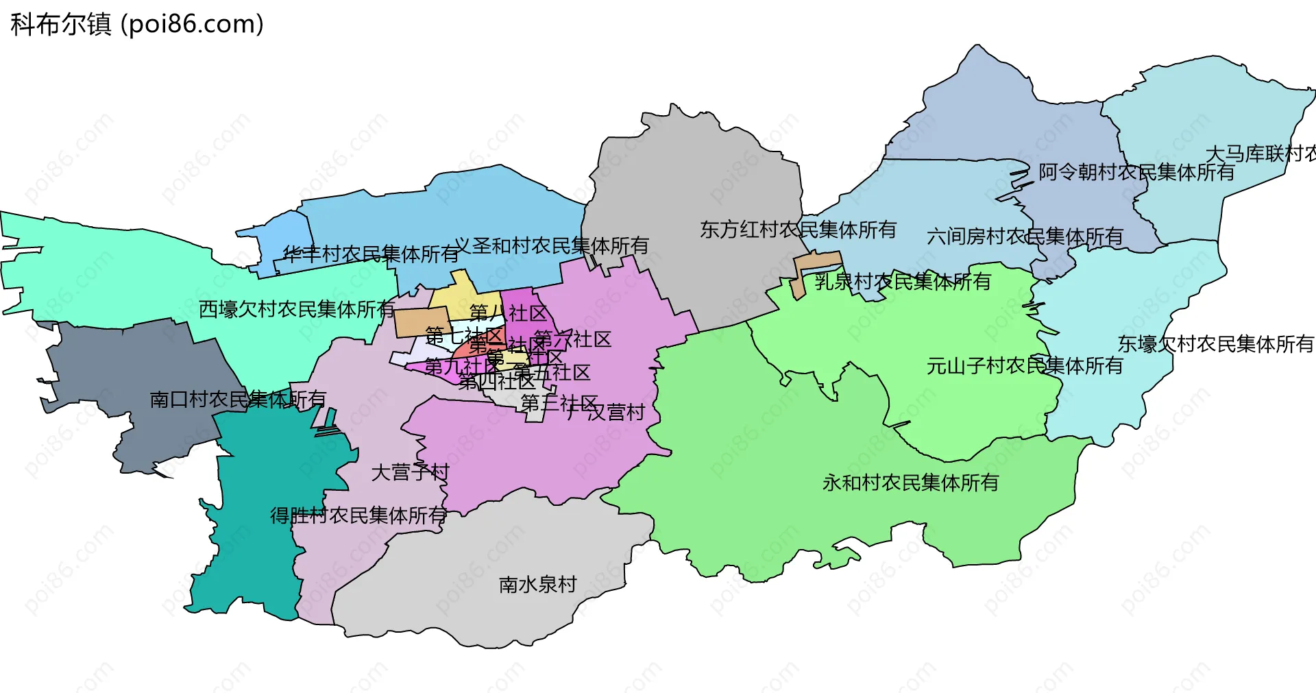 科布尔镇边界地图(五级行政区划)