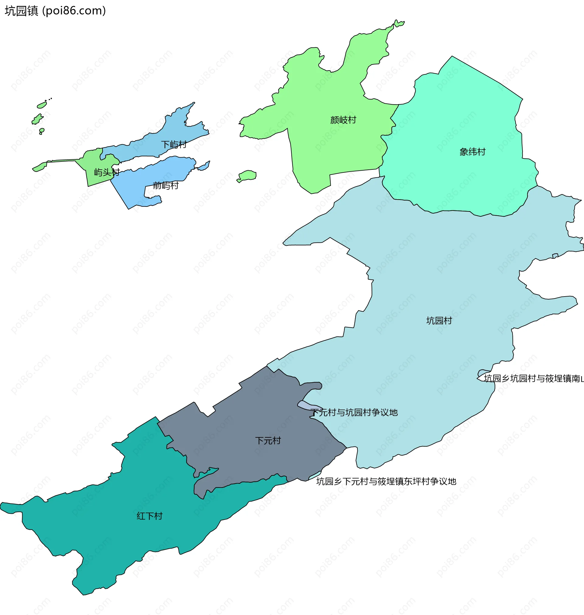 坑园镇边界地图(五级行政区划)