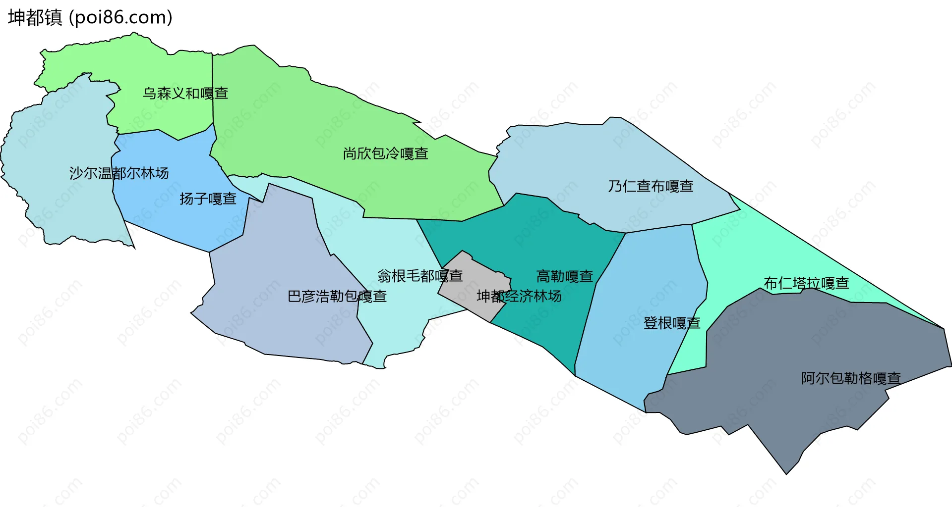 坤都镇边界地图(五级行政区划)