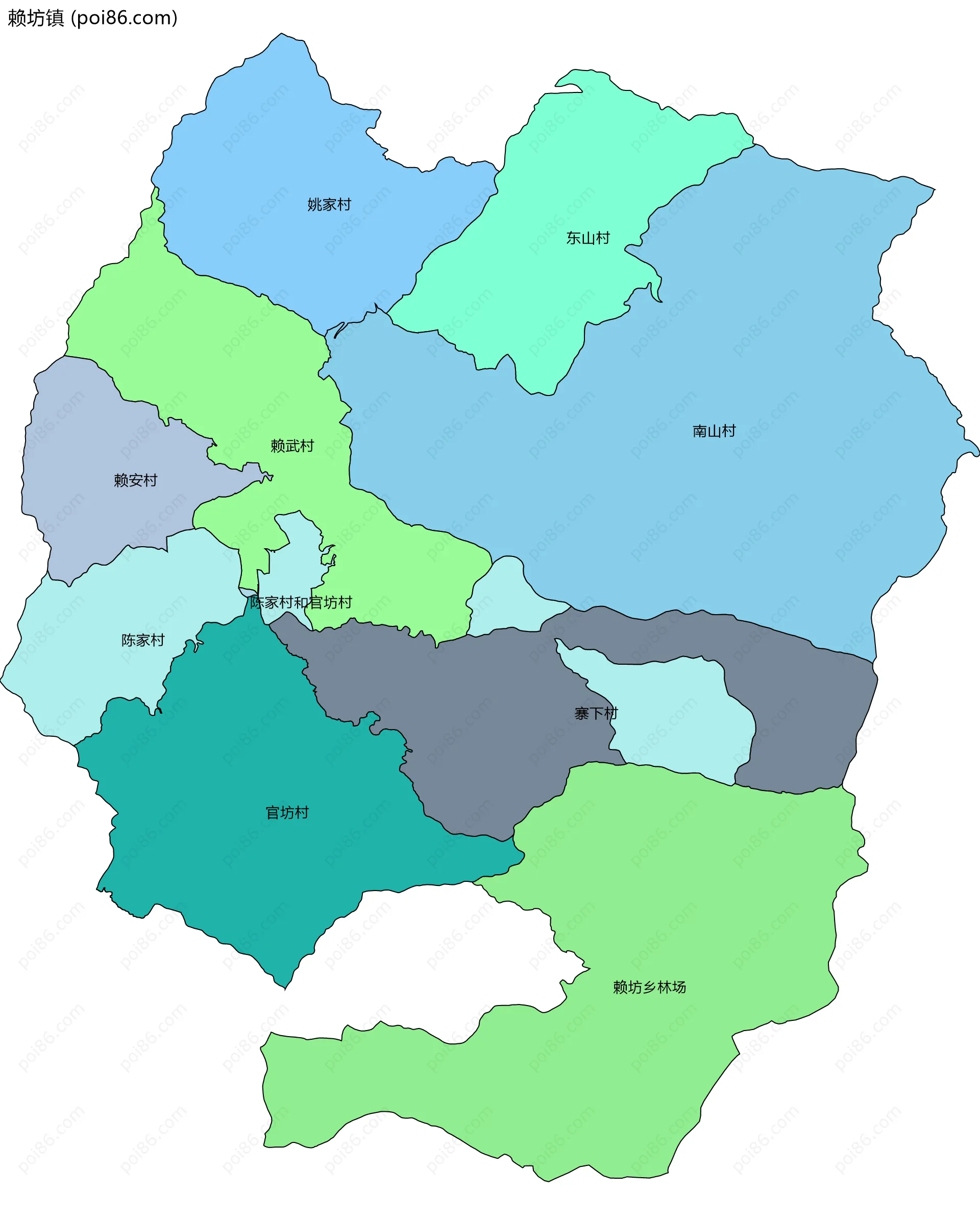 赖坊镇边界地图(五级行政区划)