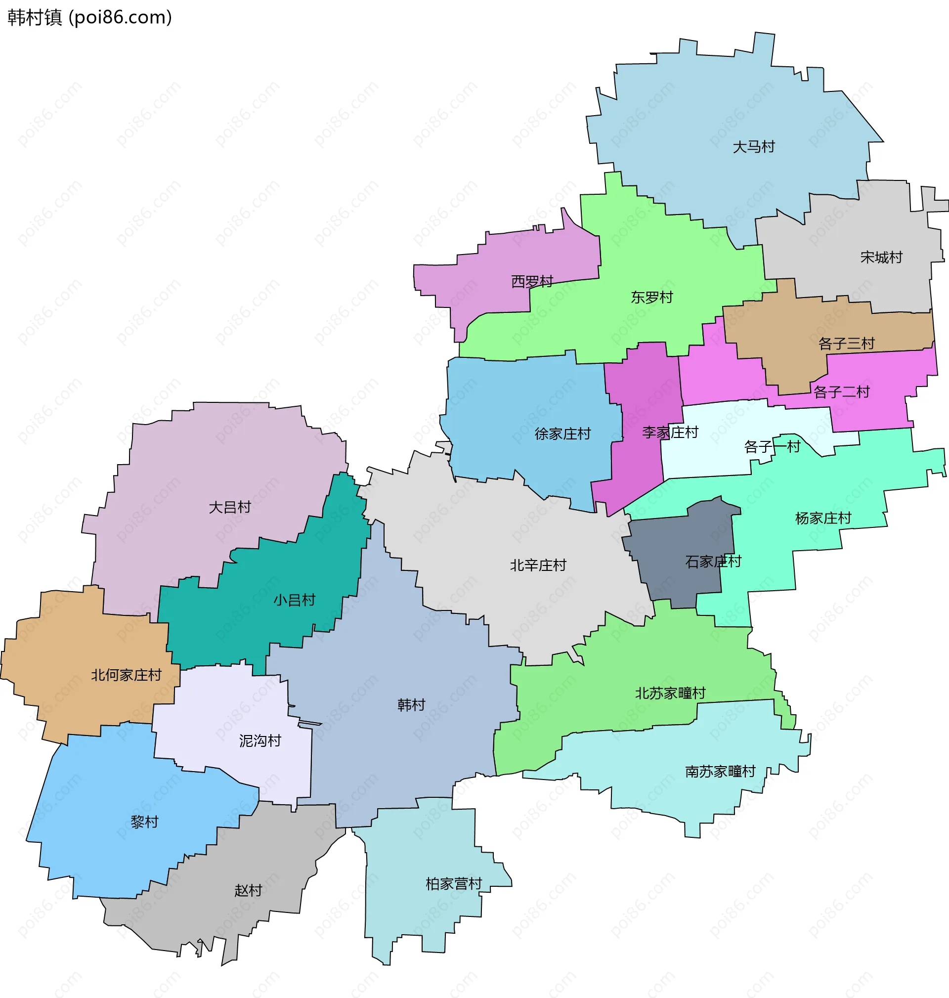 韩村镇边界地图(五级行政区划)