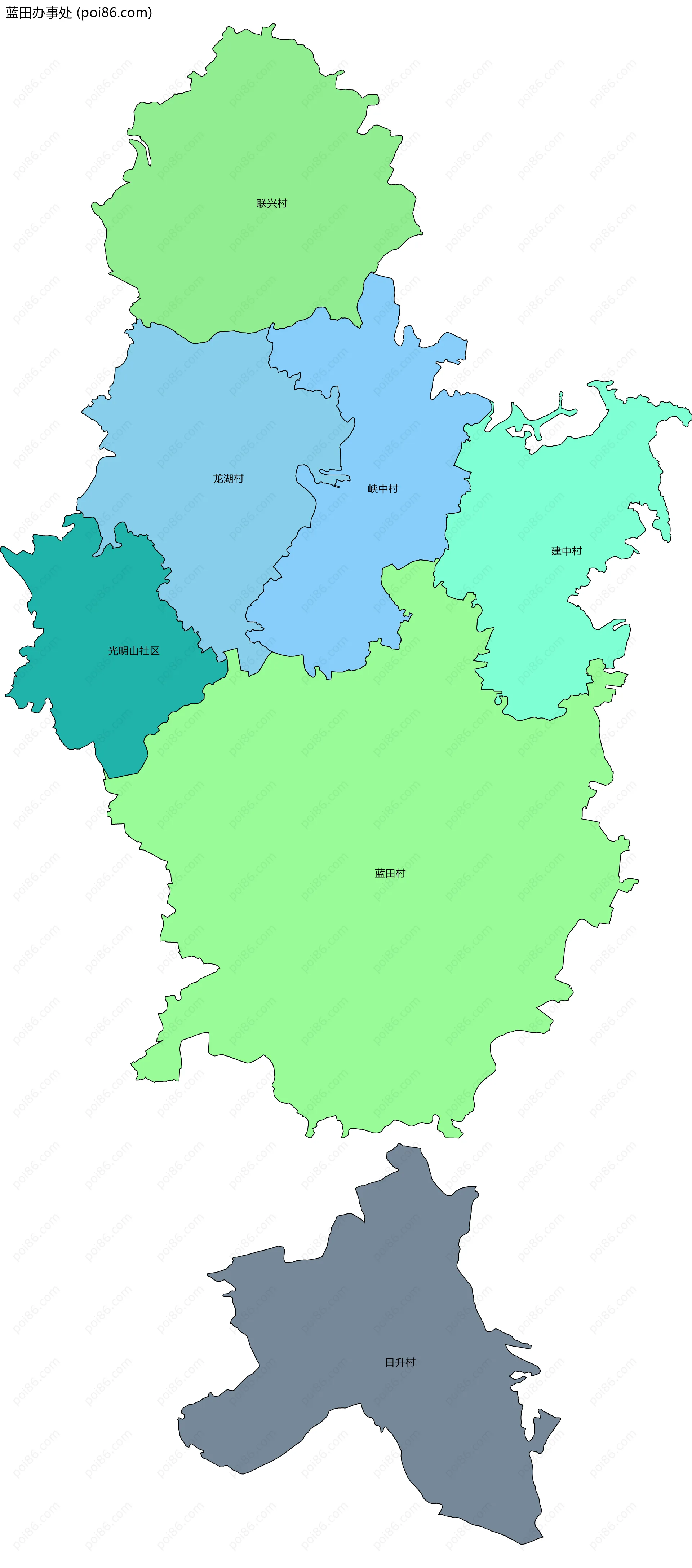 蓝田办事处边界地图(五级行政区划)