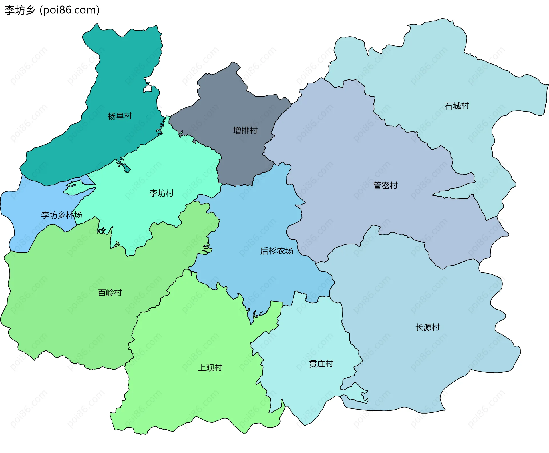 李坊乡边界地图(五级行政区划)