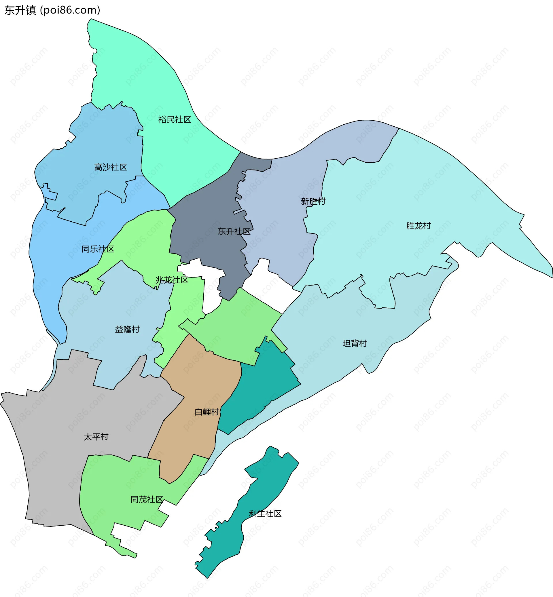 东升镇边界地图(五级行政区划)