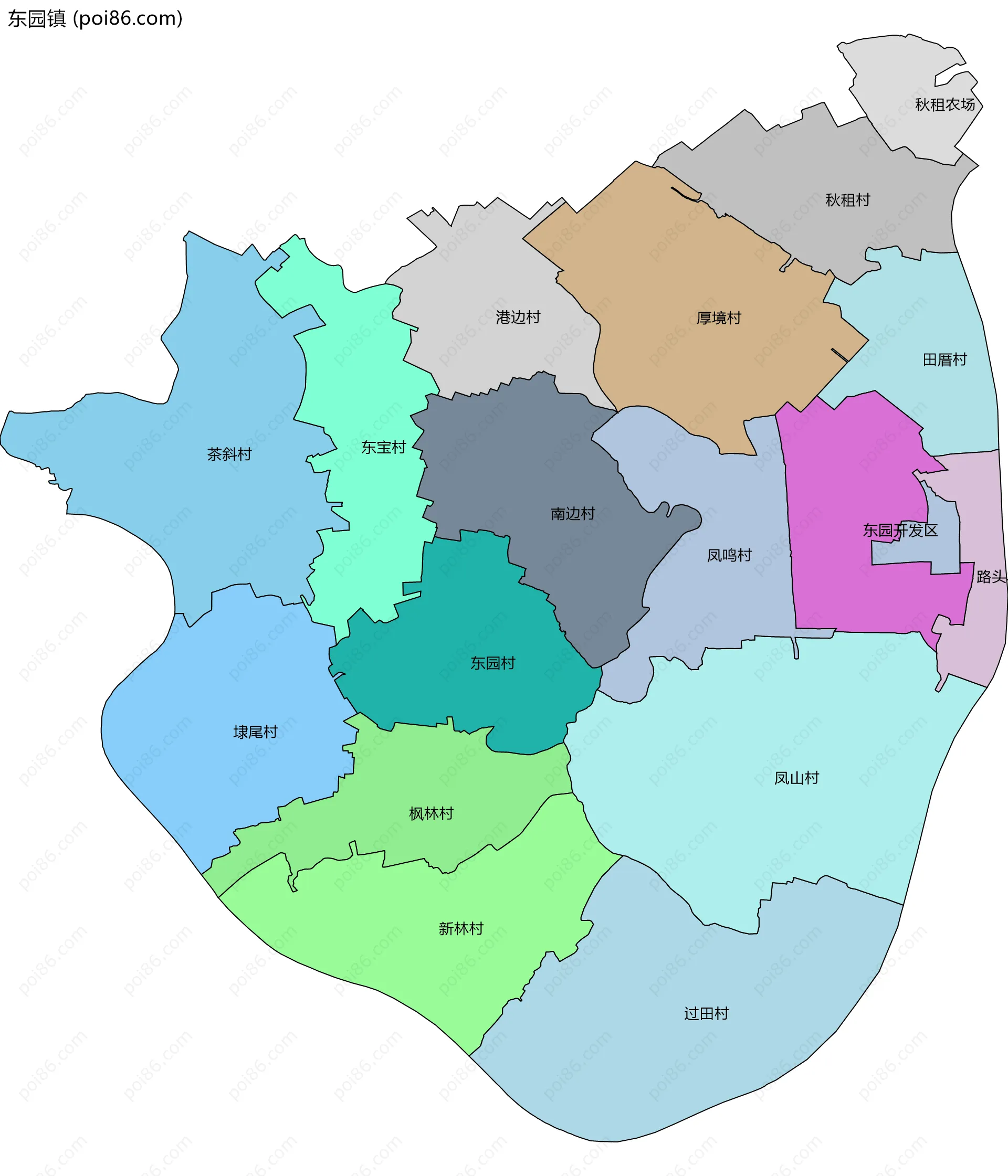 东园镇边界地图(五级行政区划)