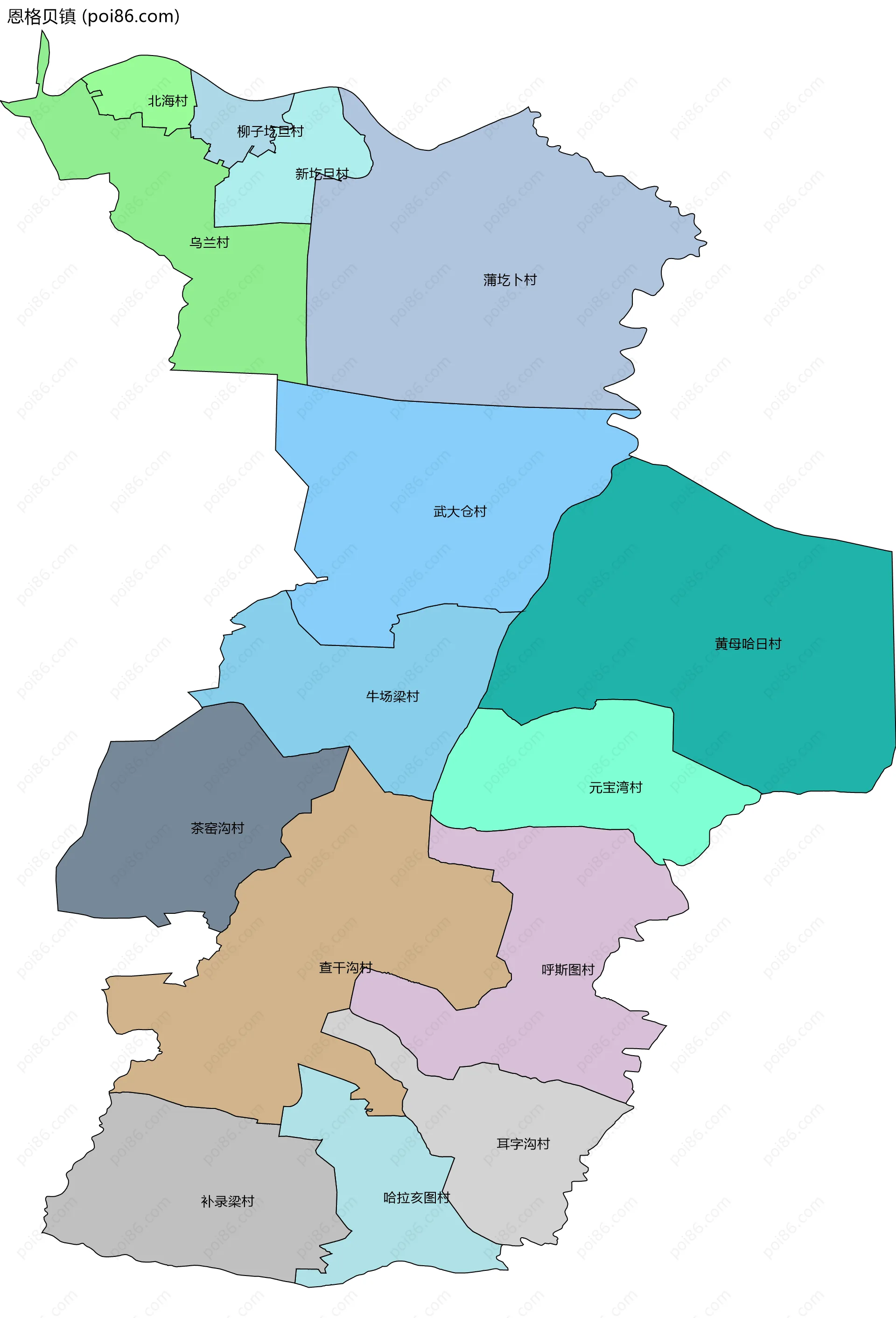 恩格贝镇边界地图(五级行政区划)