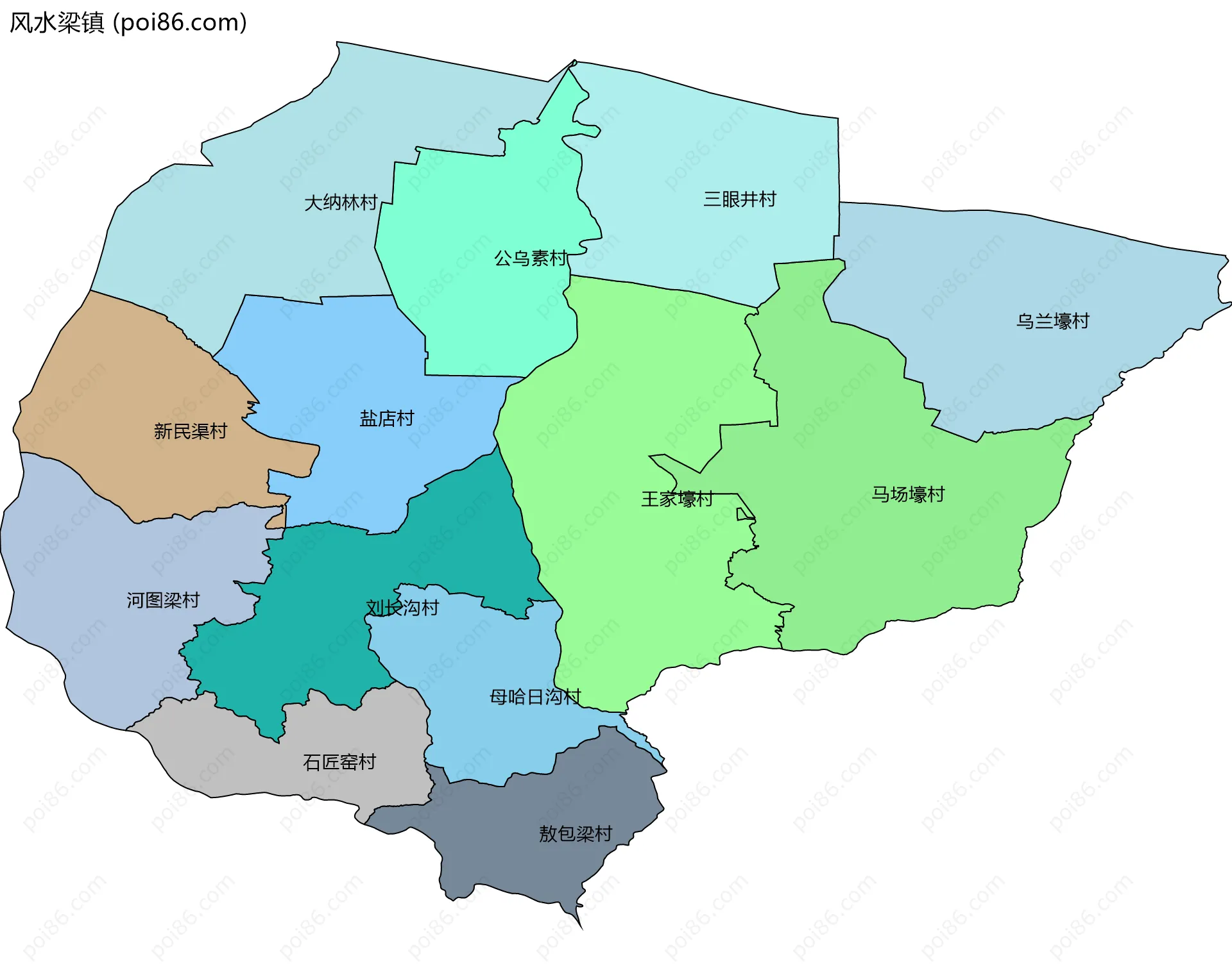风水梁镇边界地图(五级行政区划)