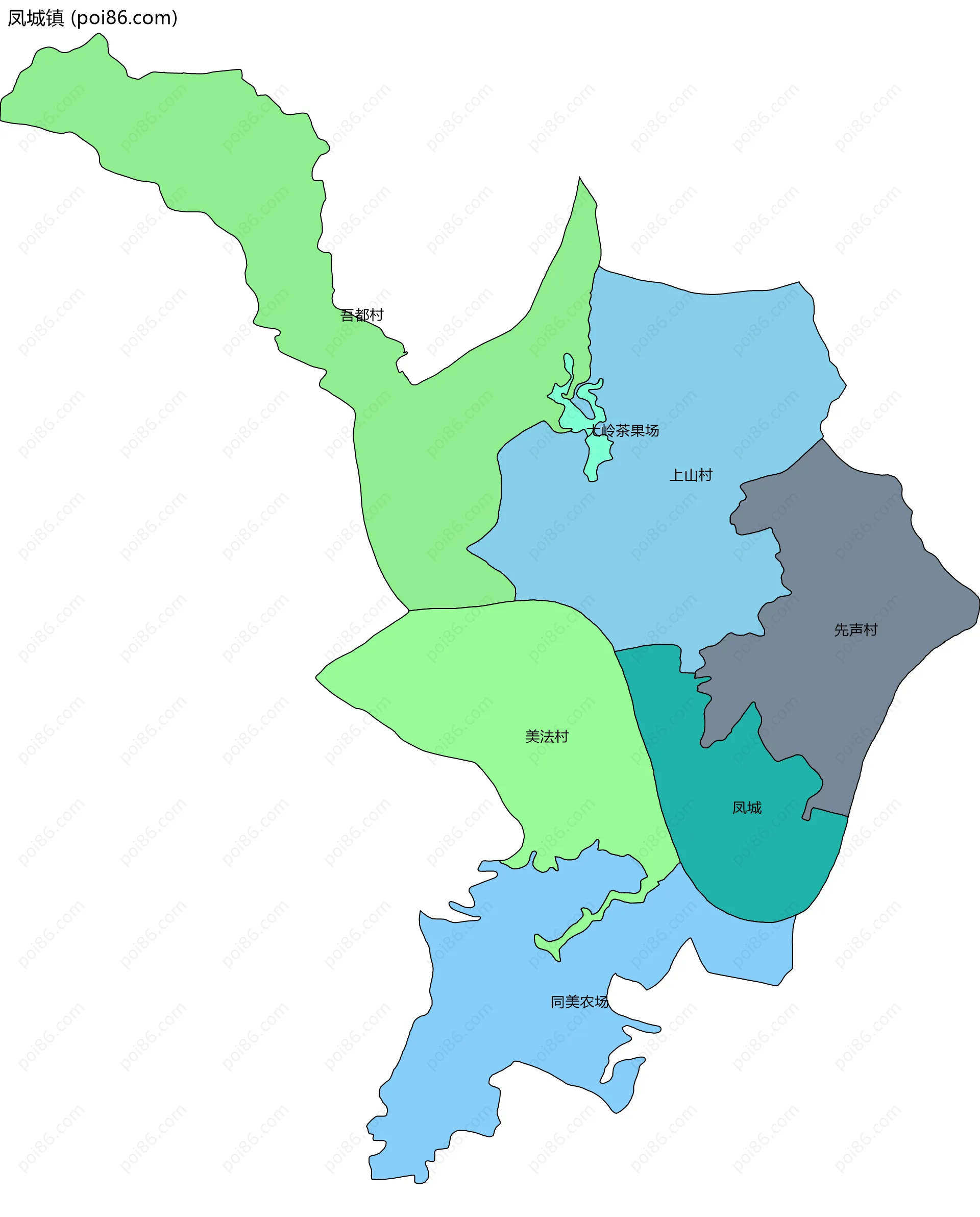 凤城镇边界地图(五级行政区划)