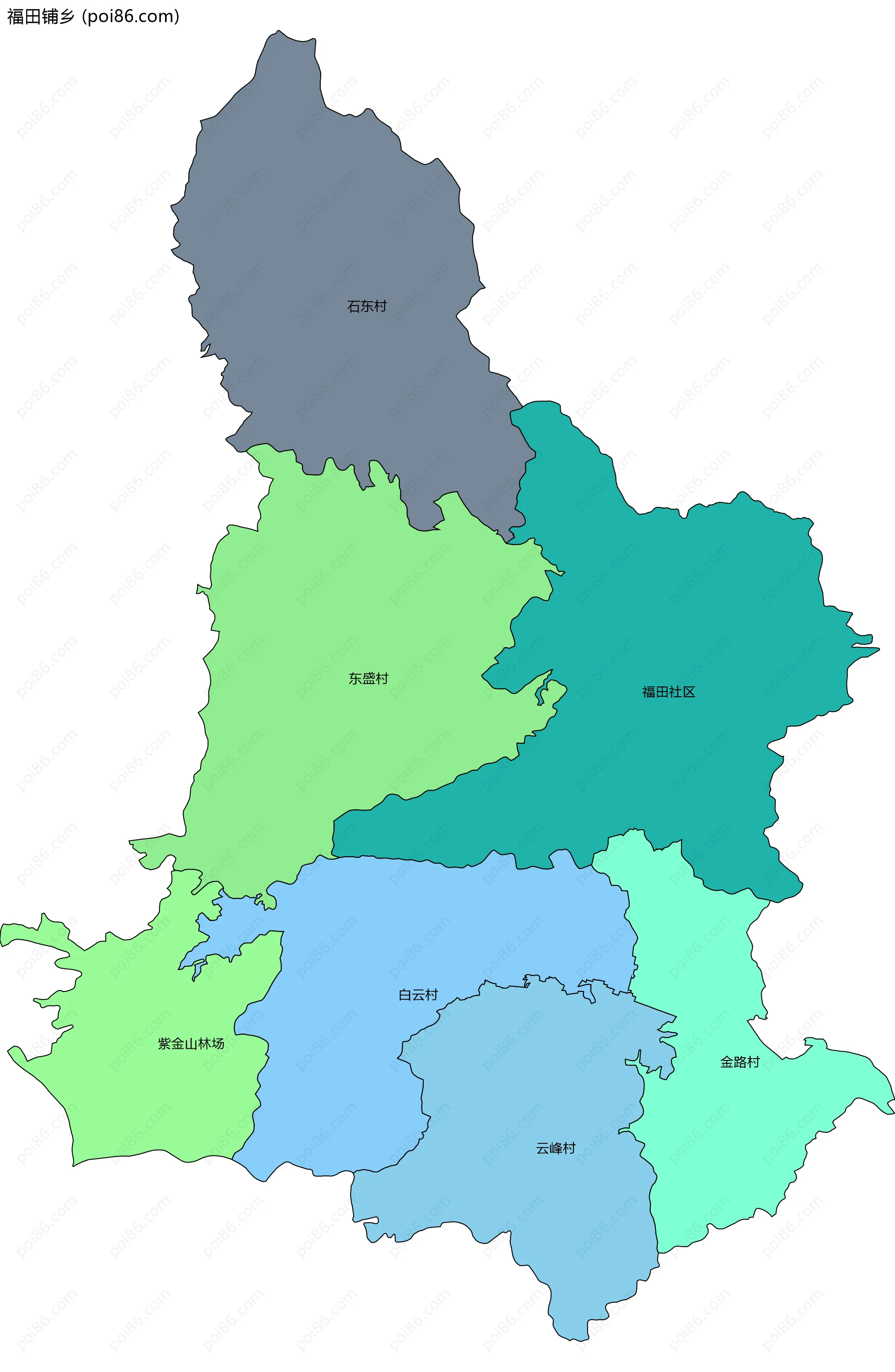 福田铺乡边界地图(五级行政区划)