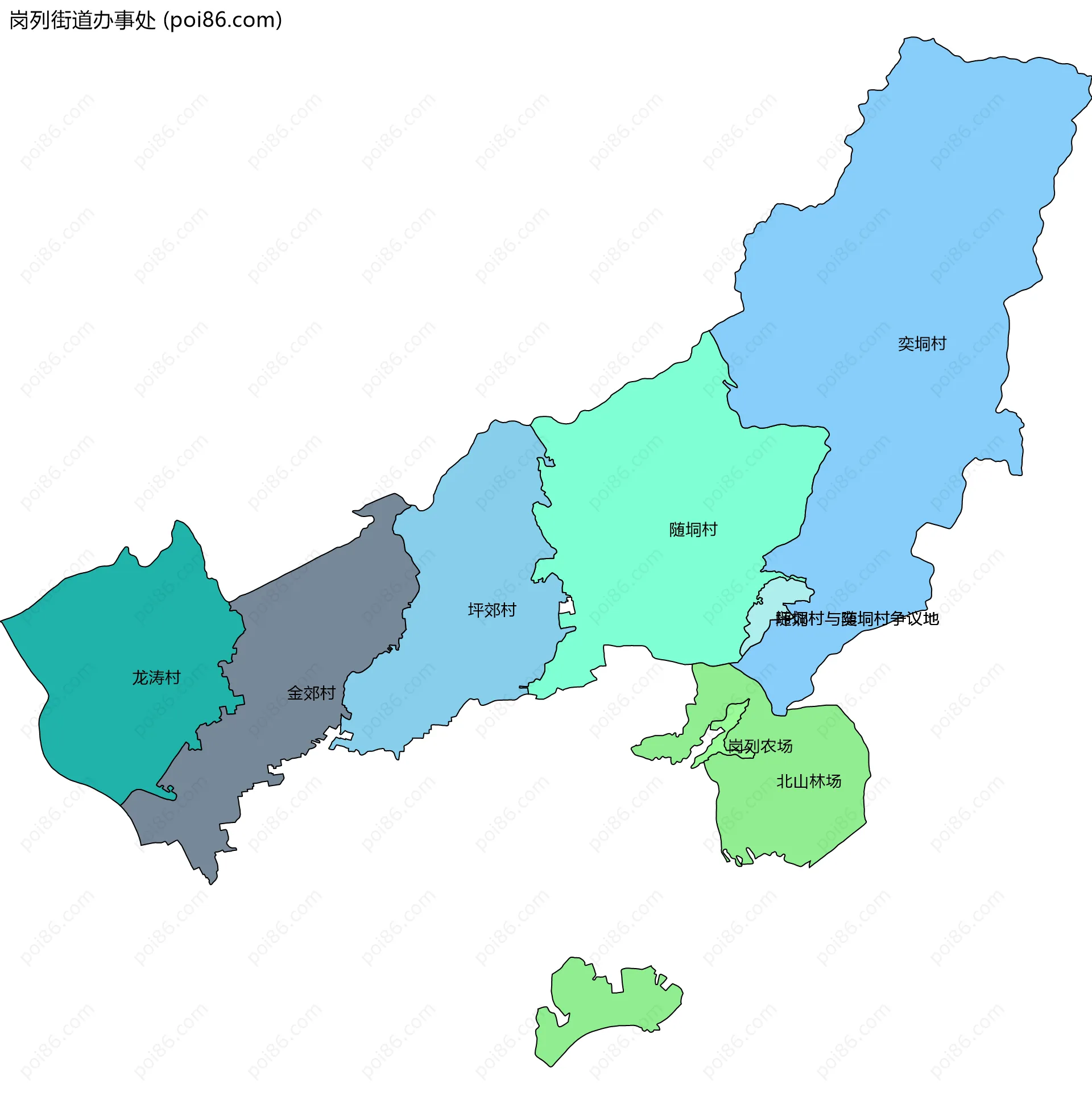 岗列街道办事处边界地图(五级行政区划)