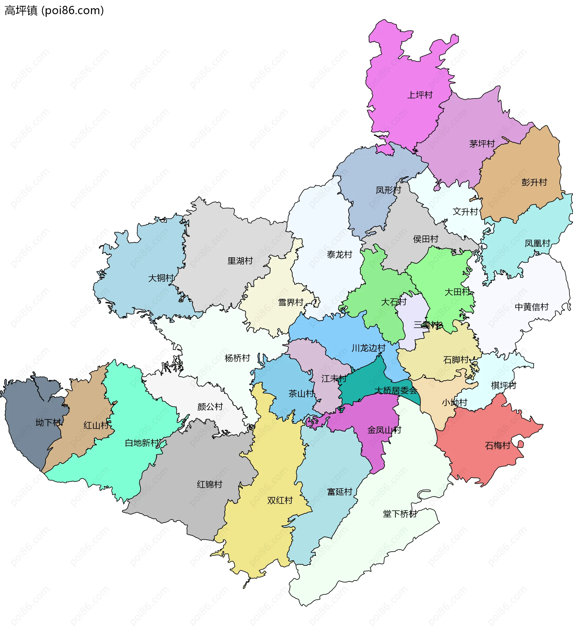 高坪镇边界地图(五级行政区划)