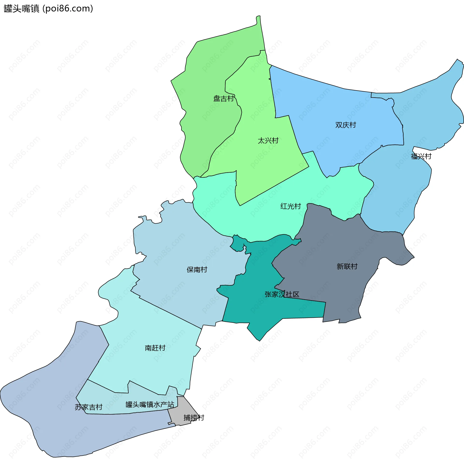 罐头嘴镇边界地图(五级行政区划)
