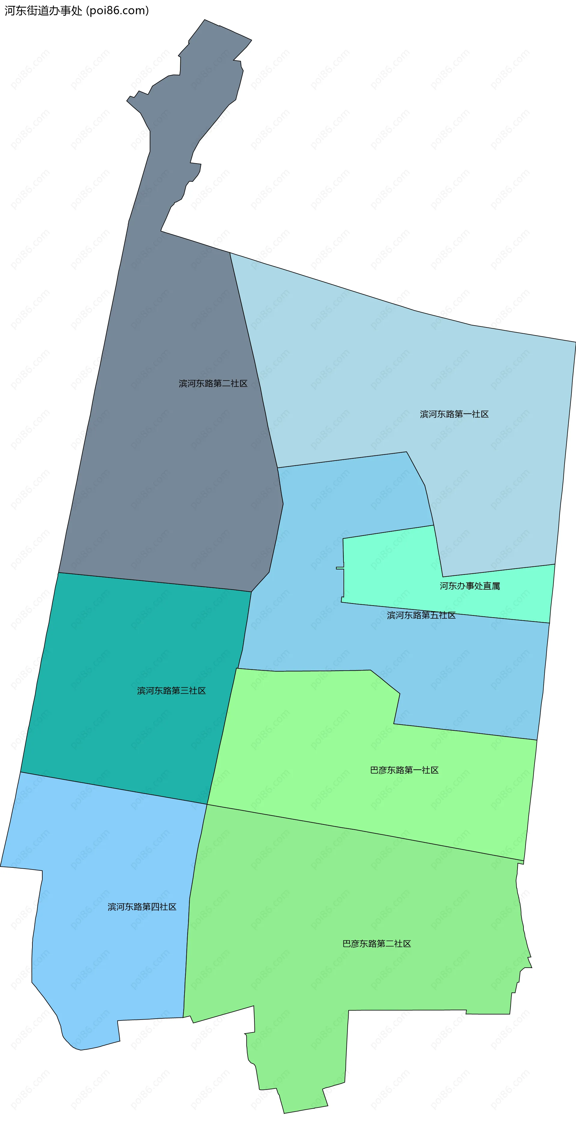 河东街道办事处边界地图(五级行政区划)