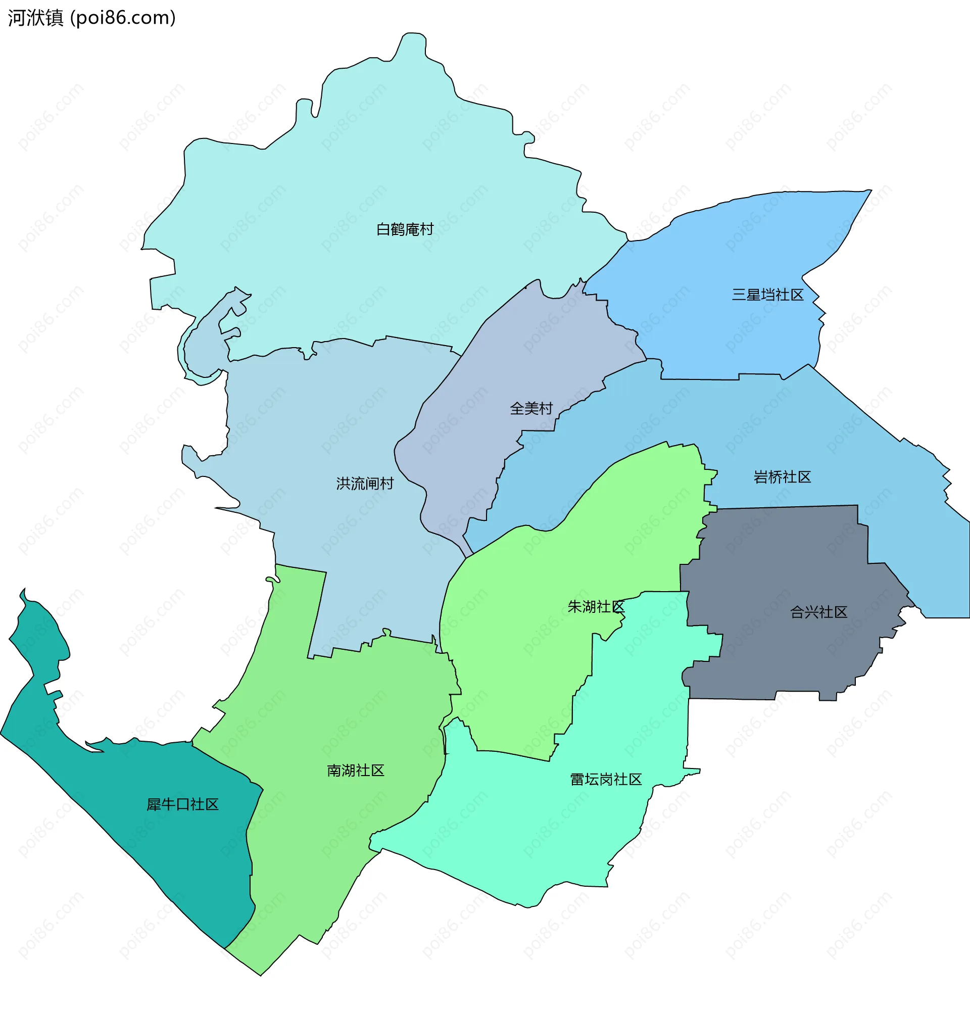 河洑镇边界地图(五级行政区划)