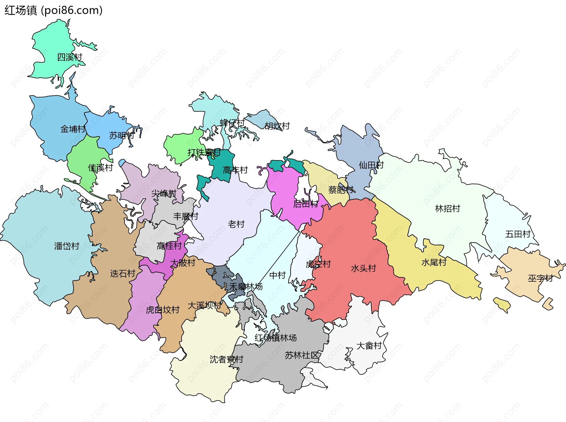 红场镇边界地图(五级行政区划)