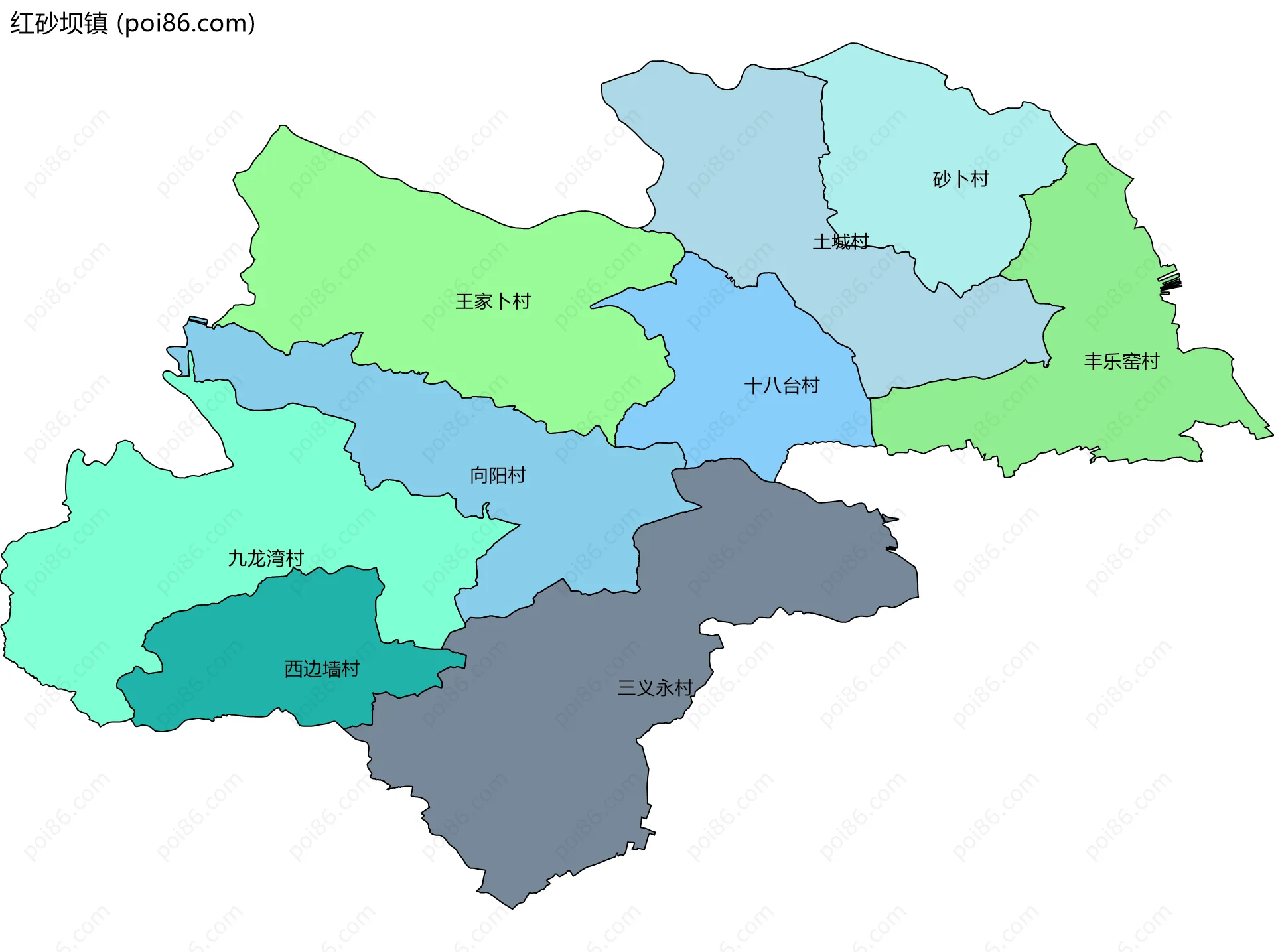红砂坝镇边界地图(五级行政区划)