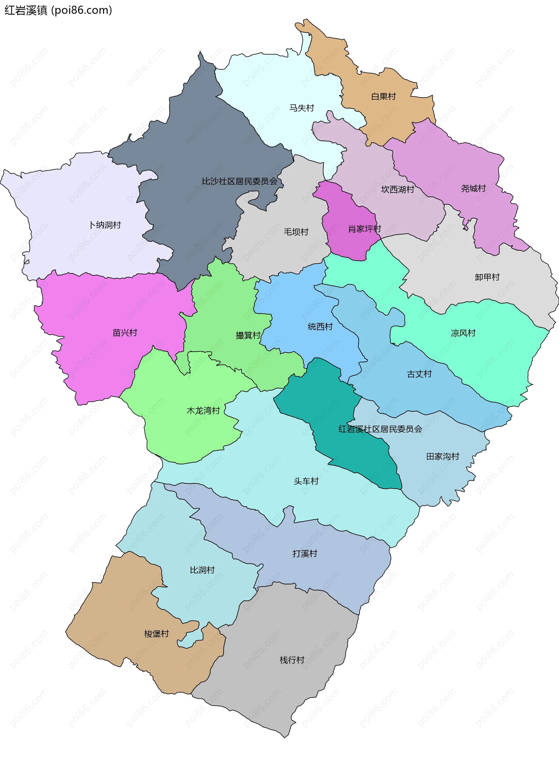 红岩溪镇边界地图(五级行政区划)