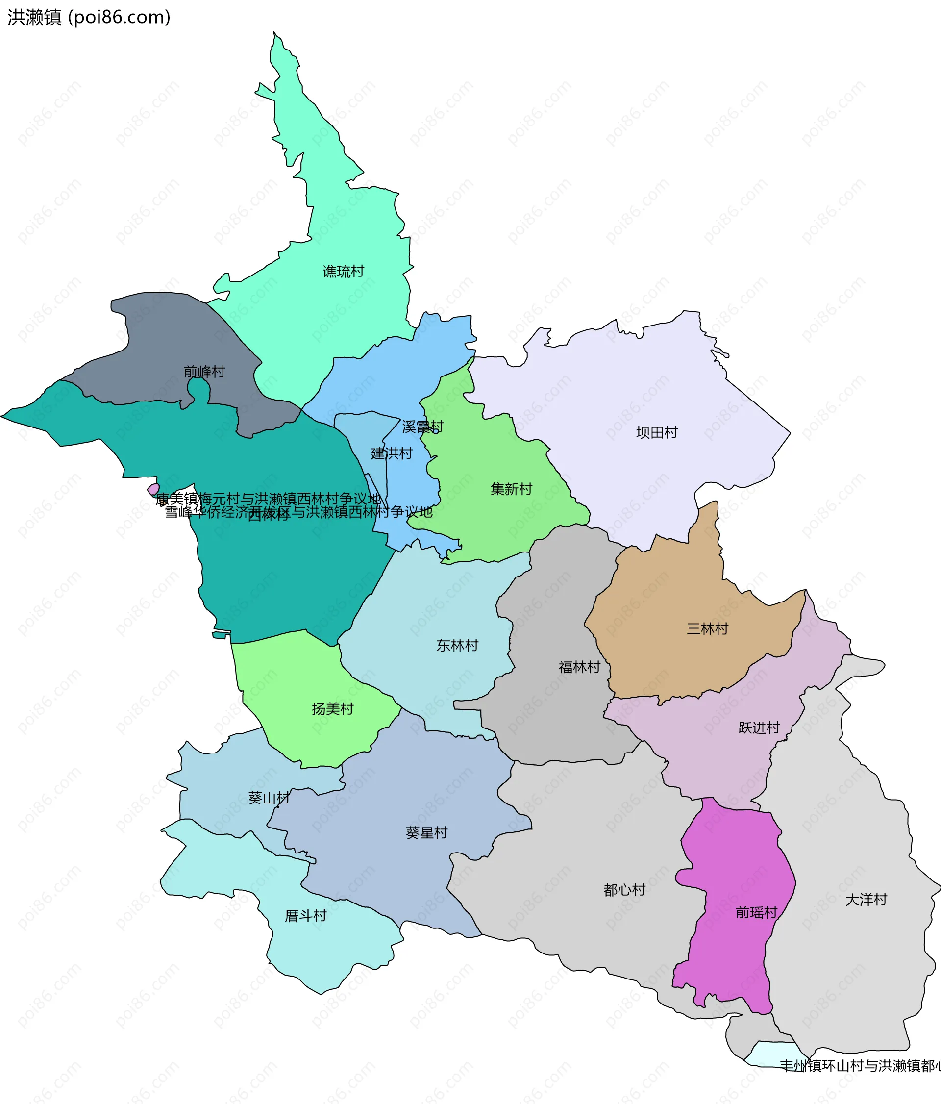 洪濑镇边界地图(五级行政区划)