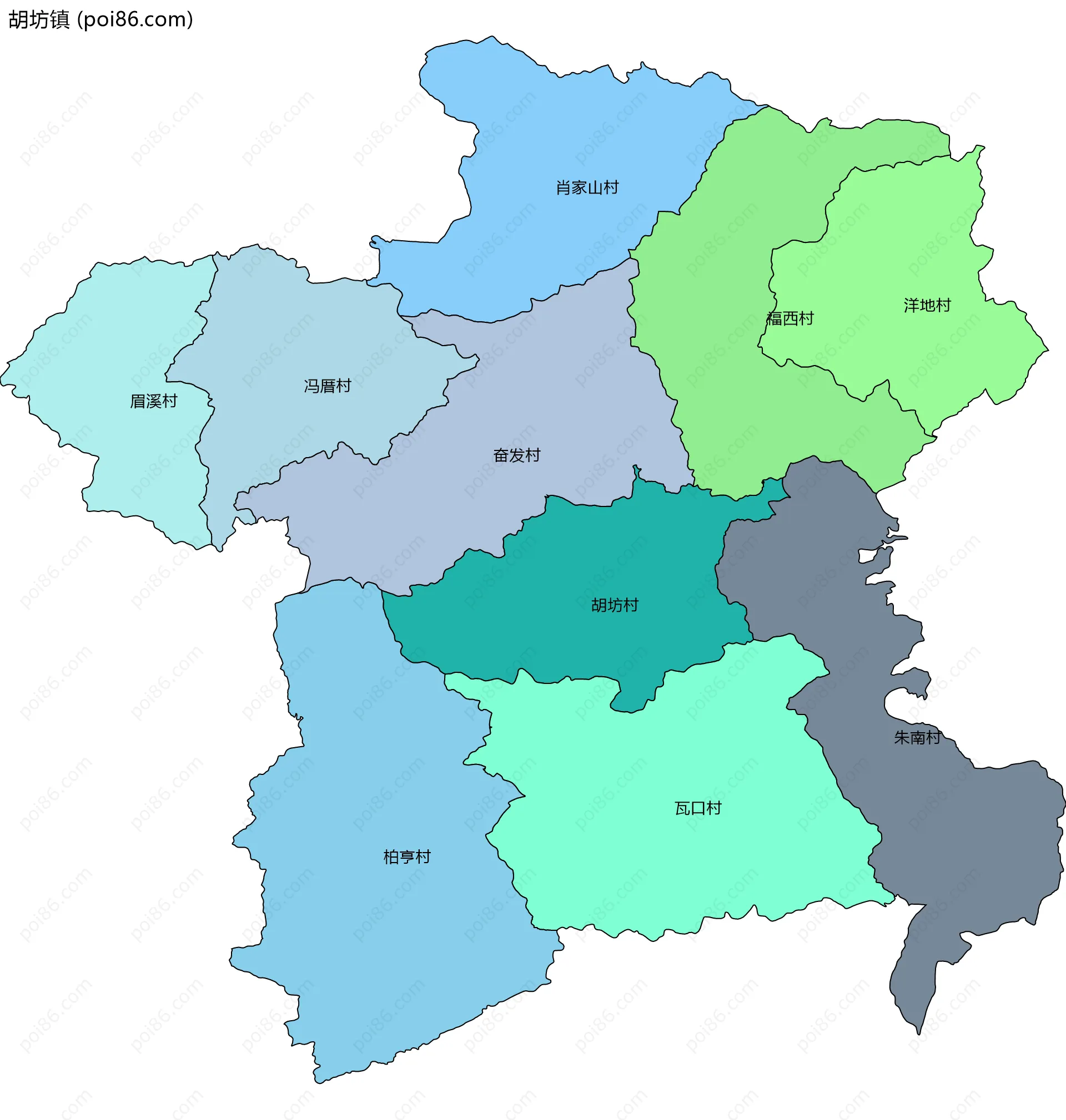 胡坊镇边界地图(五级行政区划)