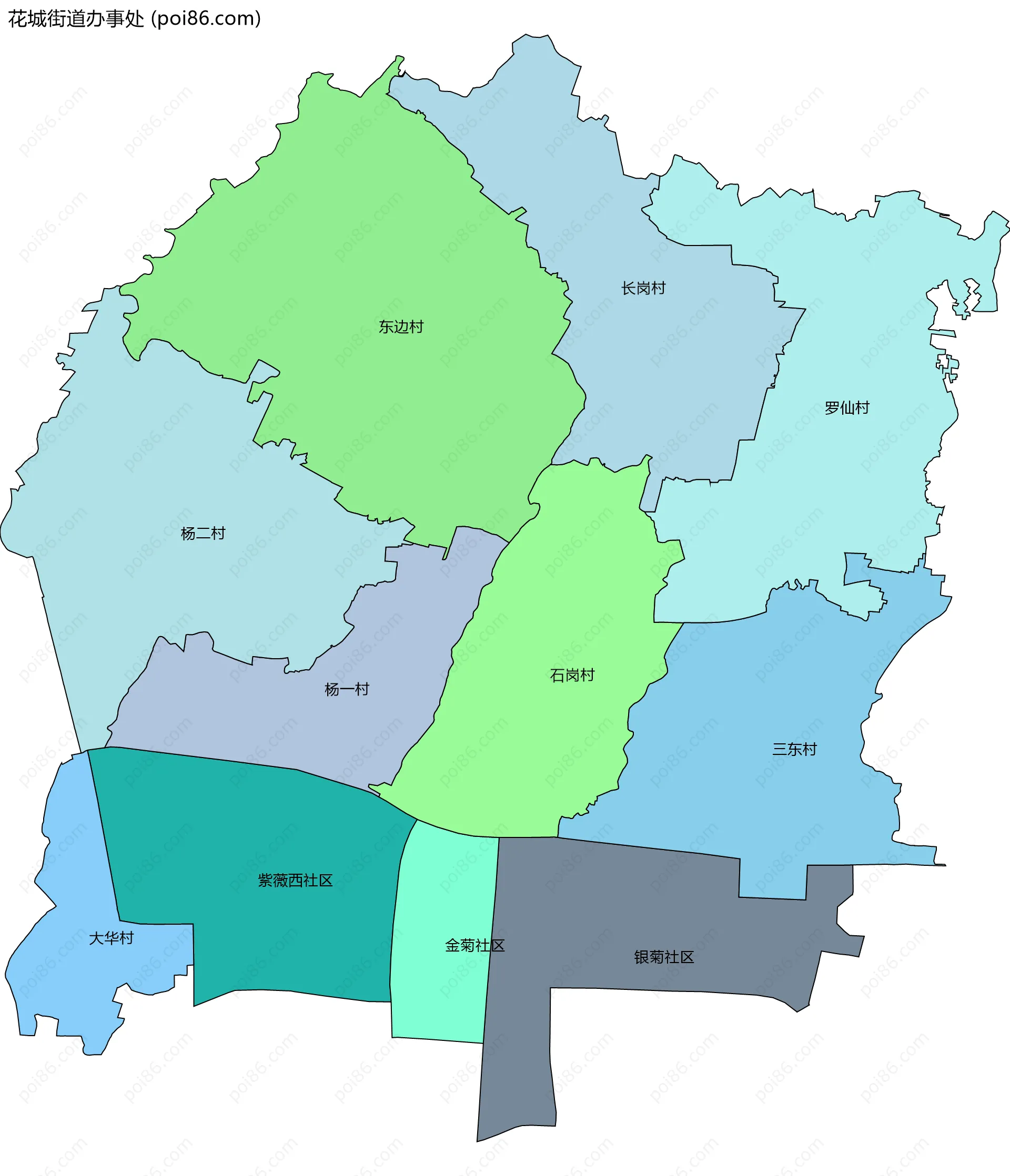 花城街道办事处边界地图(五级行政区划)