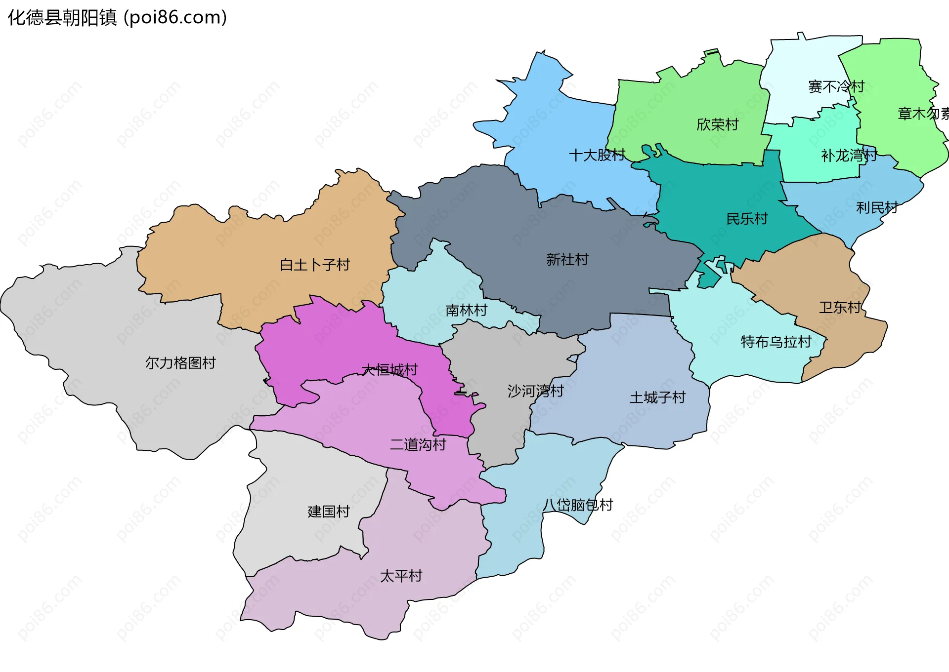 化德县朝阳镇边界地图(五级行政区划)
