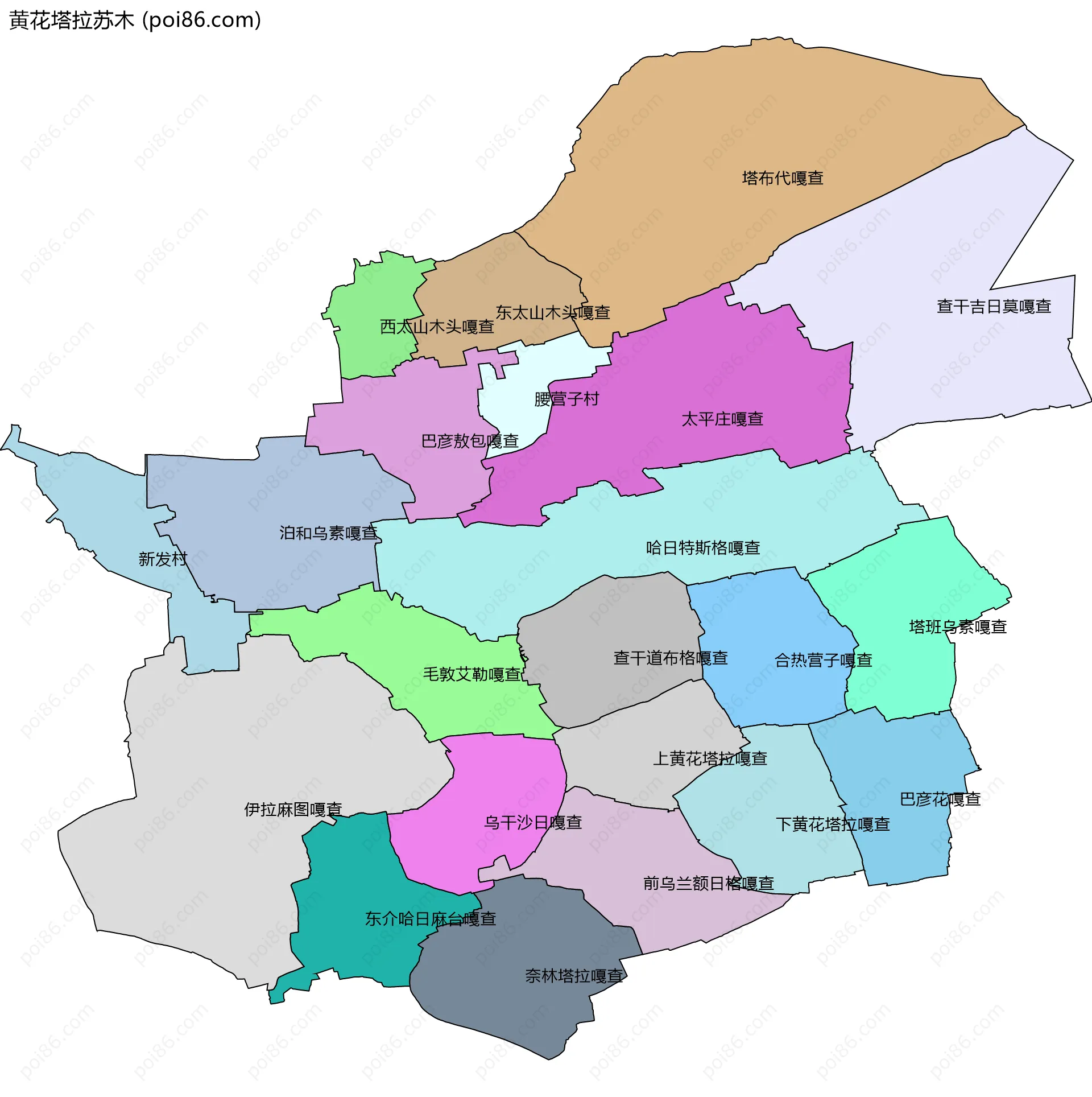 黄花塔拉苏木边界地图(五级行政区划)