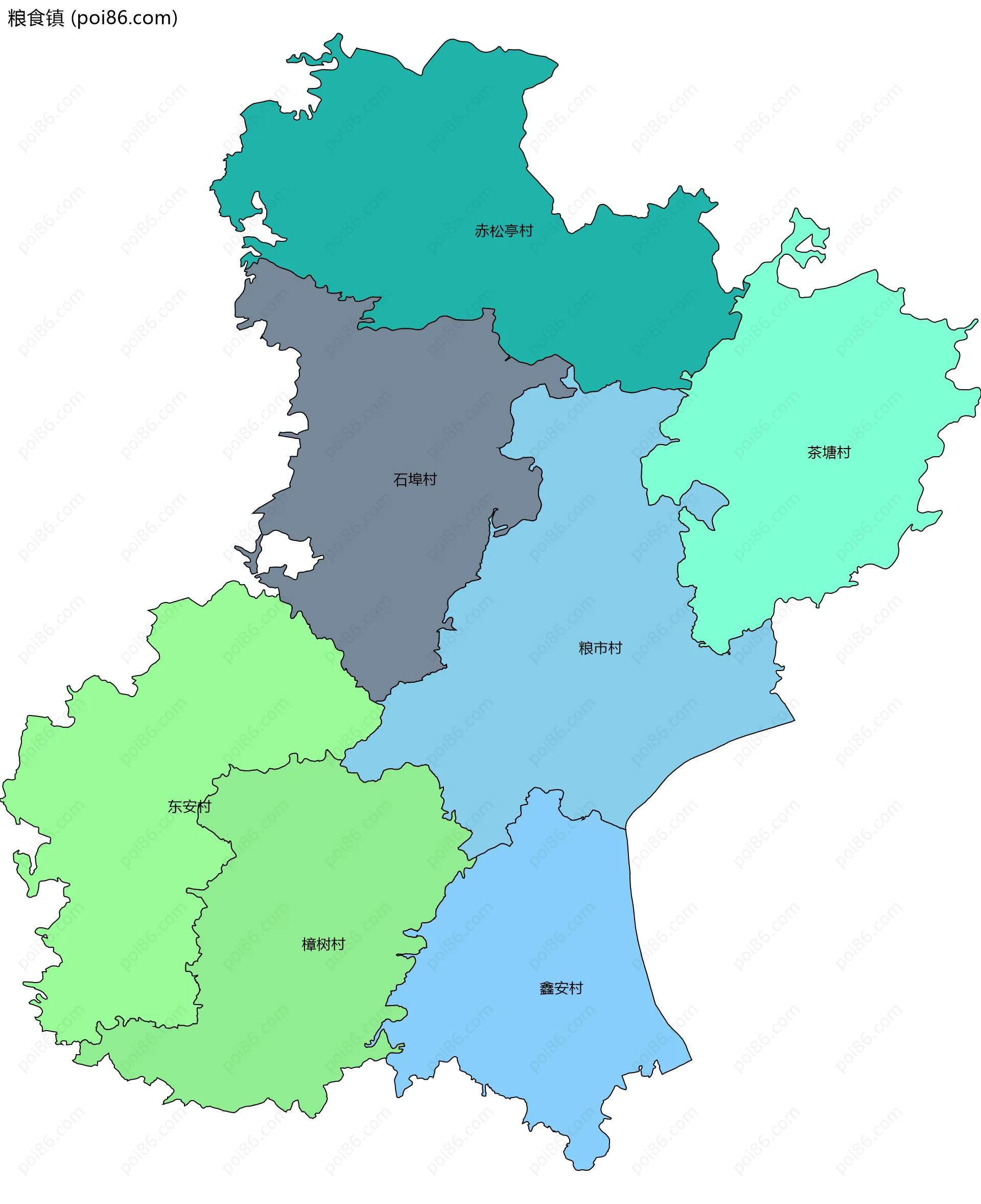 粮食镇边界地图(五级行政区划)